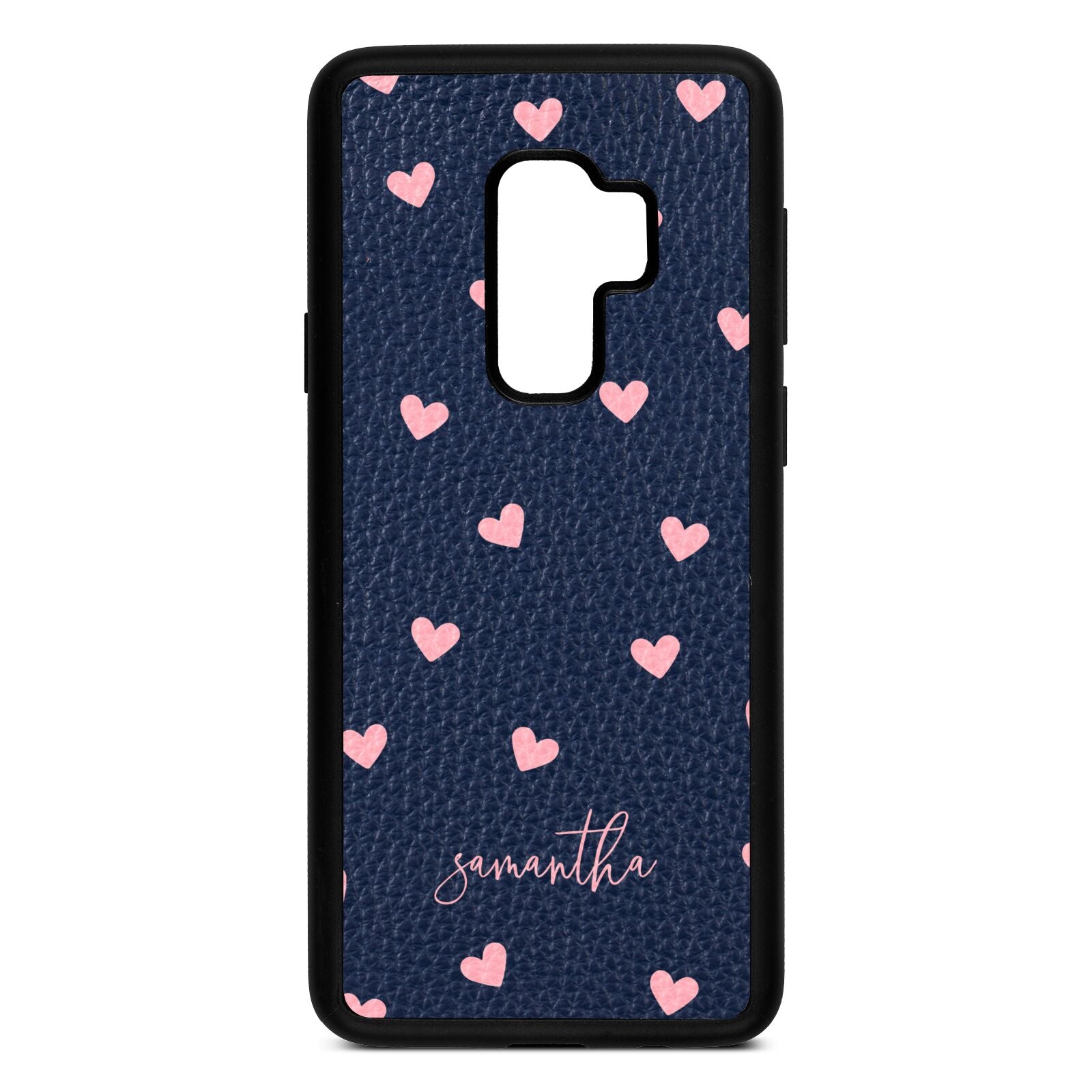Pink Hearts with Custom Name Navy Blue Pebble Leather Samsung S9 Plus Case