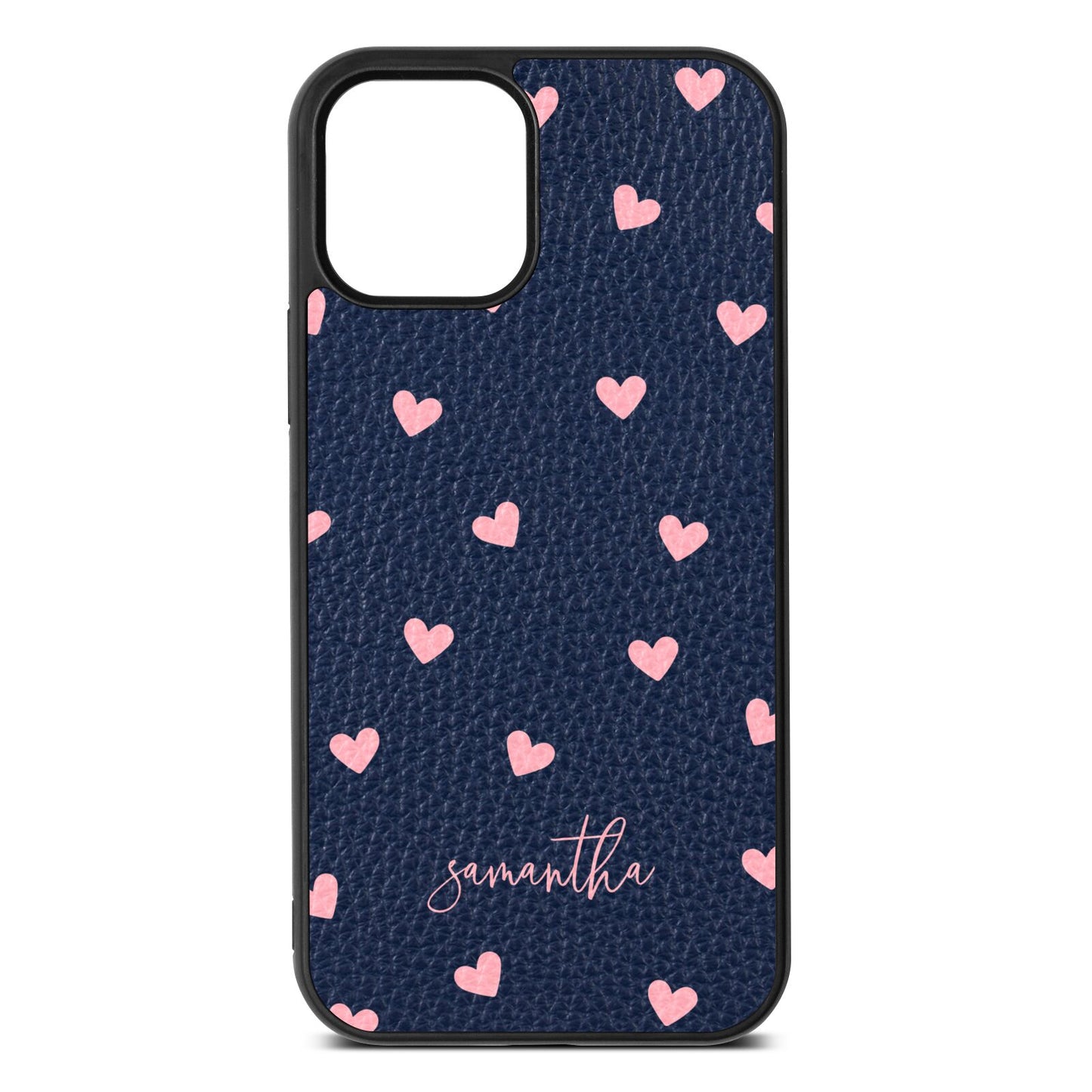 Pink Hearts with Custom Name Navy Blue Pebble Leather iPhone 12 Case
