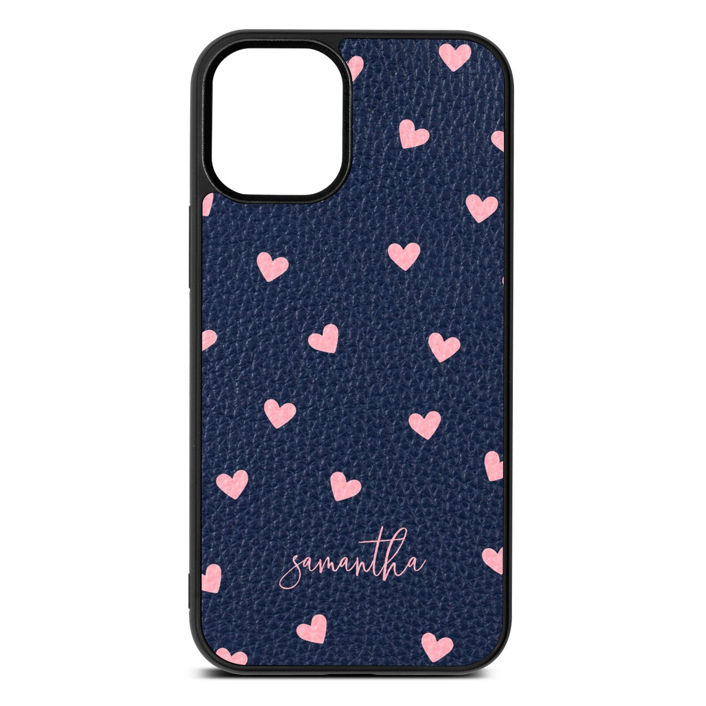Pink Hearts with Custom Name Navy Blue Pebble Leather iPhone 12 Mini Case