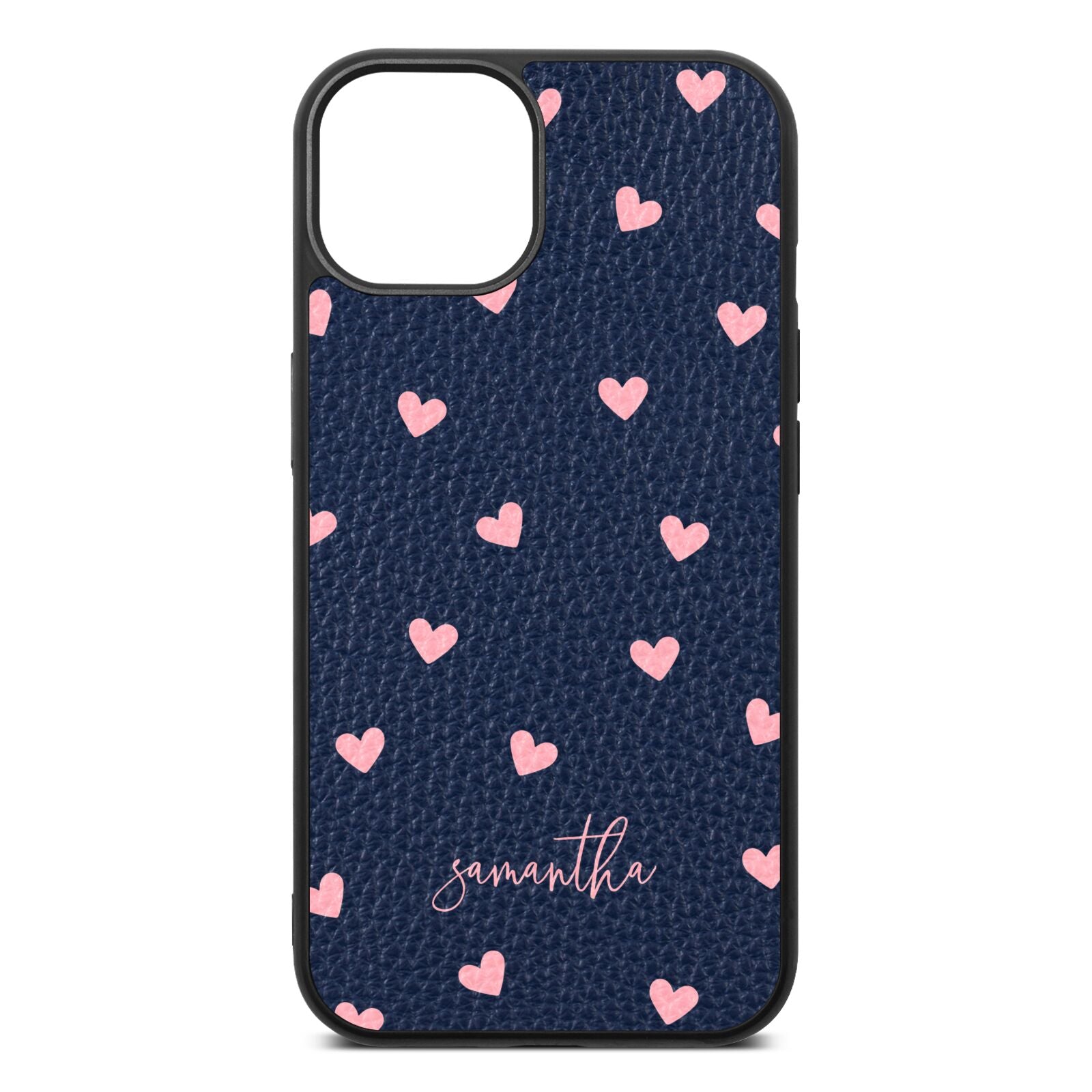 Pink Hearts with Custom Name Navy Blue Pebble Leather iPhone 13 Case