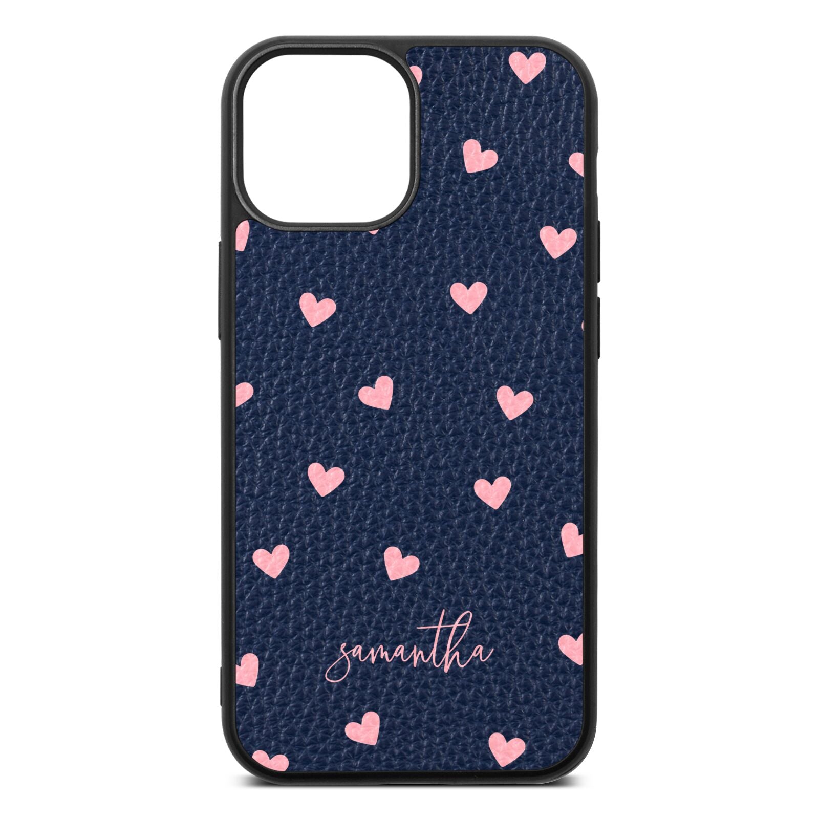 Pink Hearts with Custom Name Navy Blue Pebble Leather iPhone 13 Mini Case