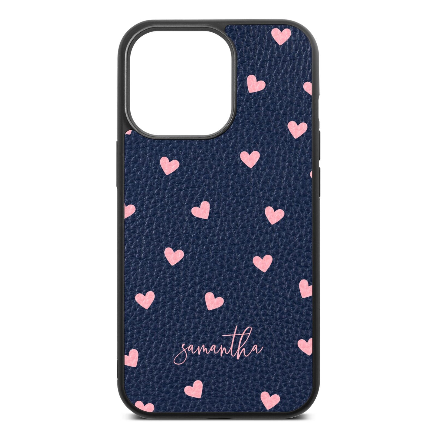 Pink Hearts with Custom Name Navy Blue Pebble Leather iPhone 13 Pro Case