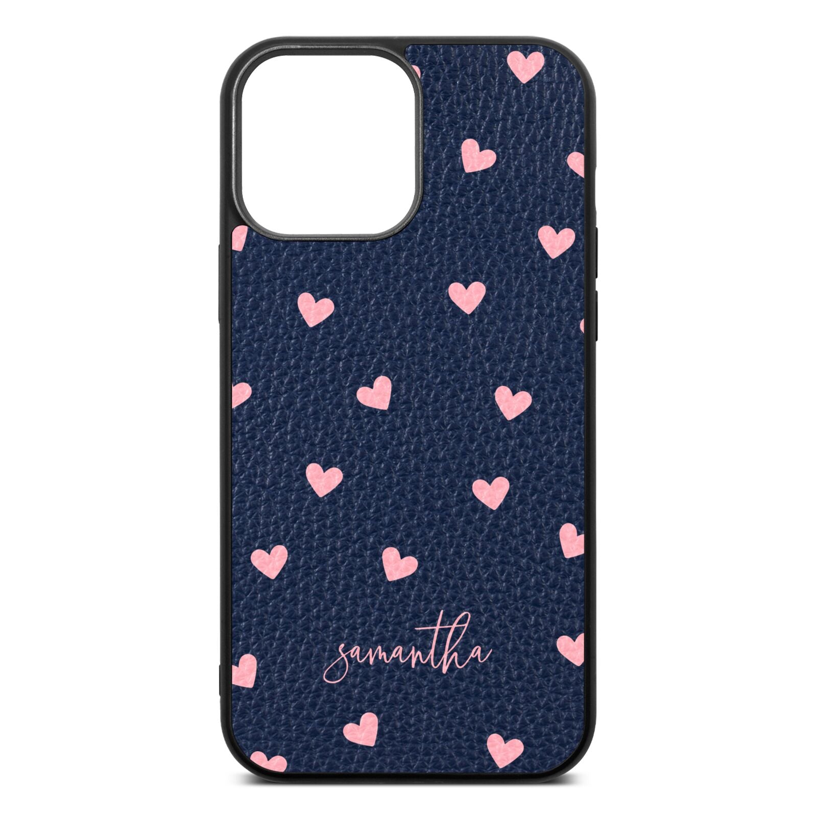 Pink Hearts with Custom Name Navy Blue Pebble Leather iPhone 13 Pro Max Case