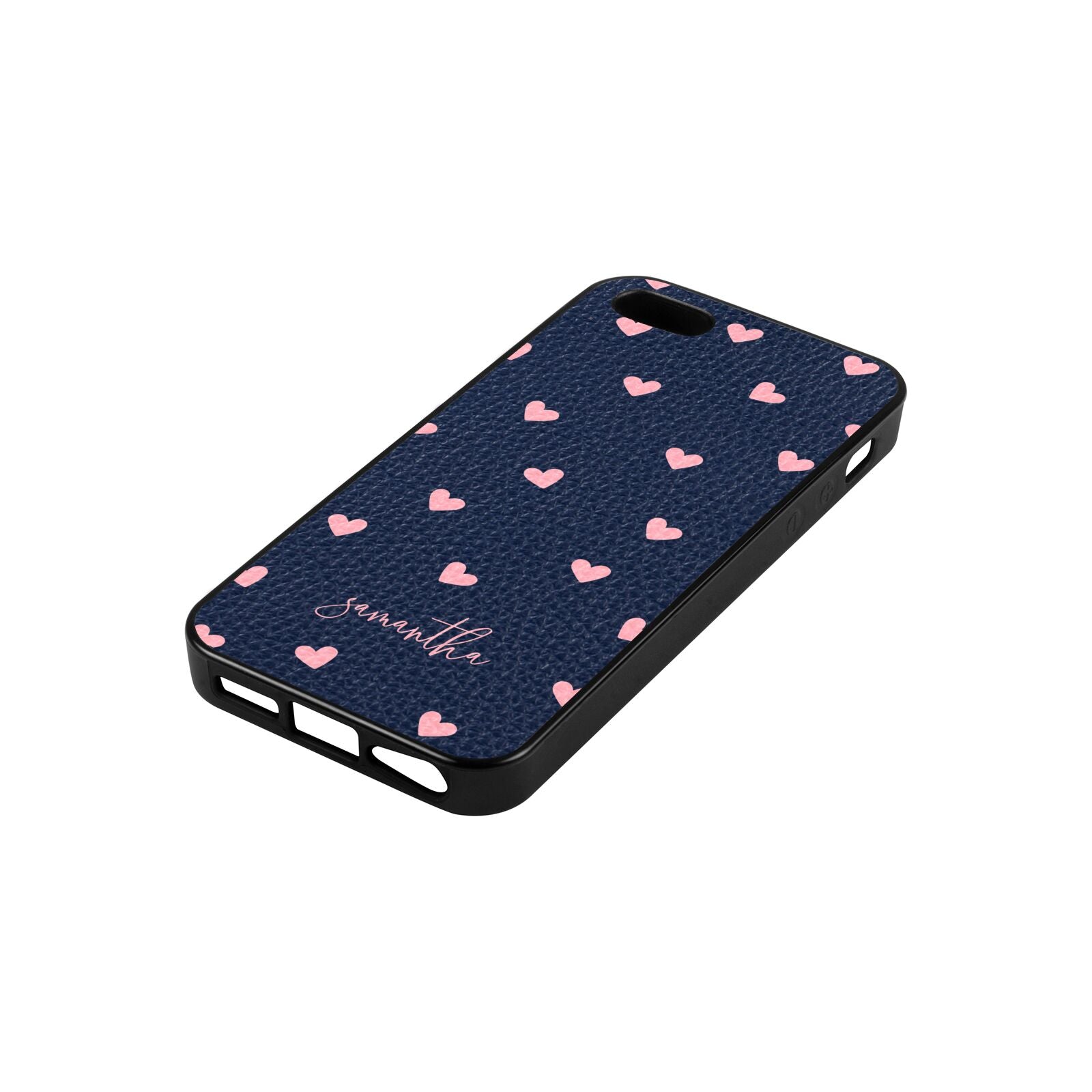 Pink Hearts with Custom Name Navy Blue Pebble Leather iPhone 5 Case Side Angle