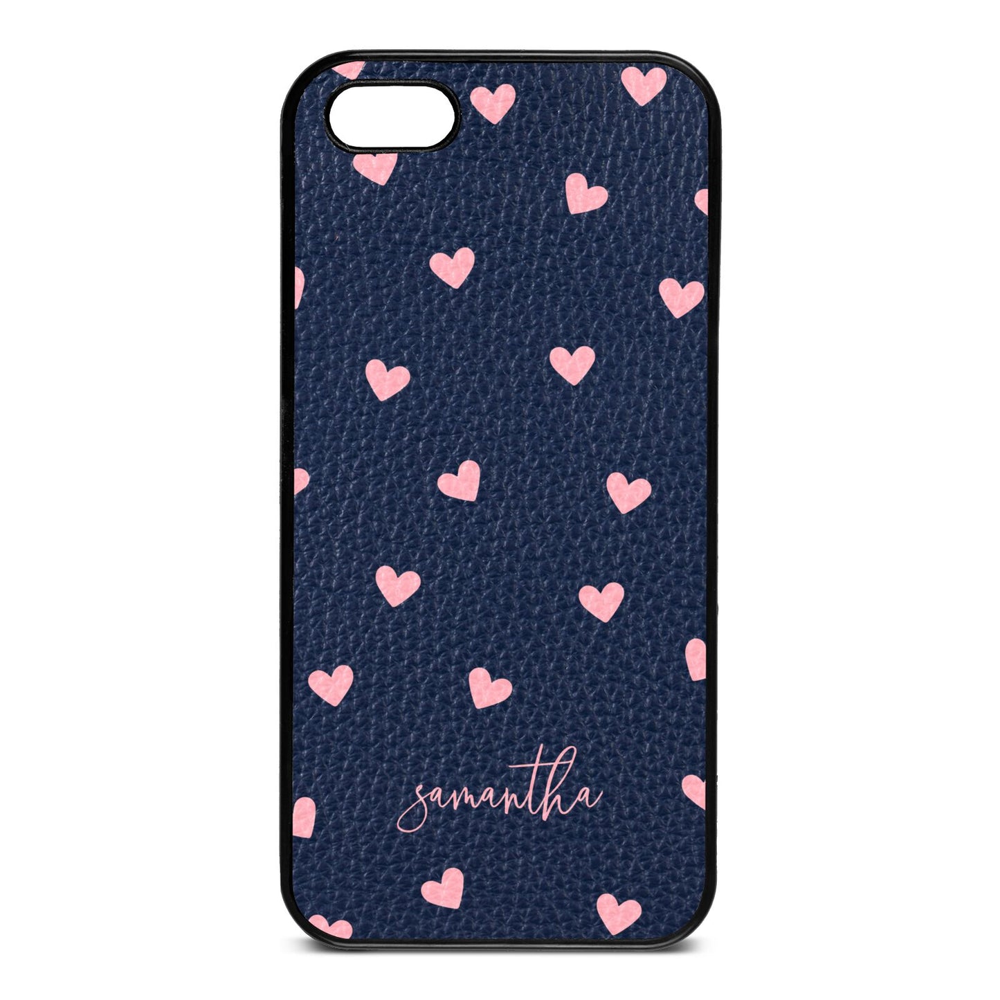 Pink Hearts with Custom Name Navy Blue Pebble Leather iPhone 5 Case