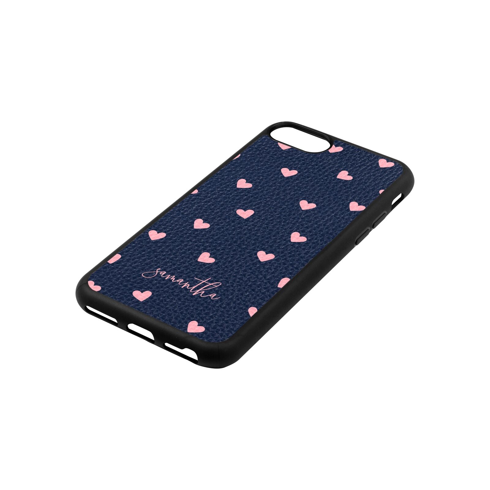 Pink Hearts with Custom Name Navy Blue Pebble Leather iPhone 8 Case Side Angle