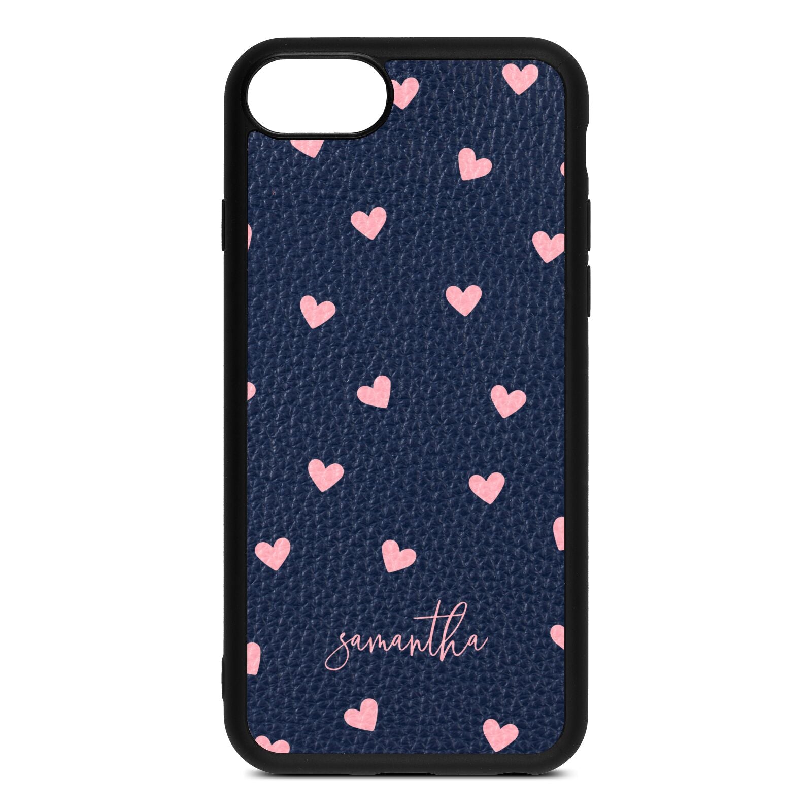 Pink Hearts with Custom Name Navy Blue Pebble Leather iPhone 8 Case