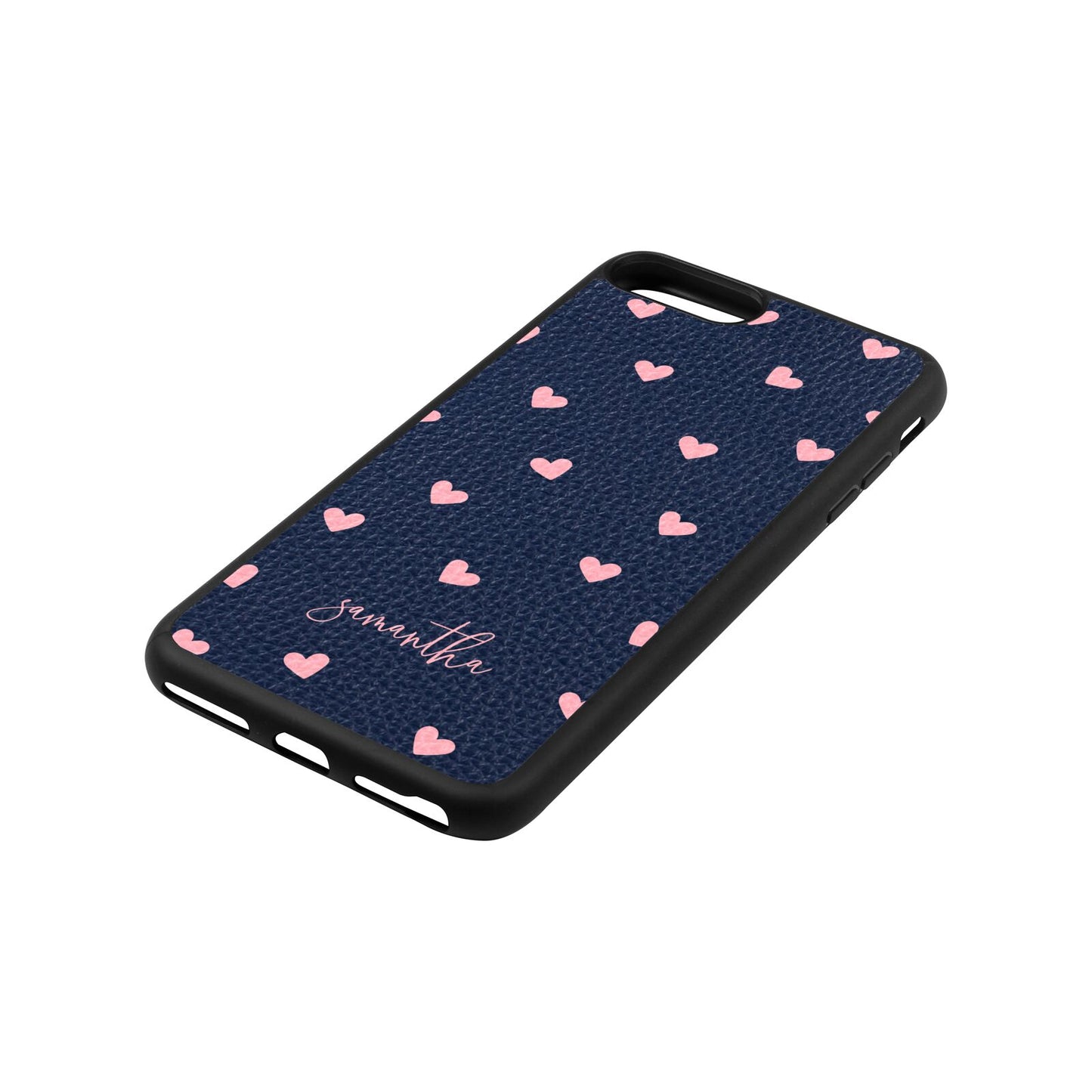 Pink Hearts with Custom Name Navy Blue Pebble Leather iPhone 8 Plus Case Side Angle
