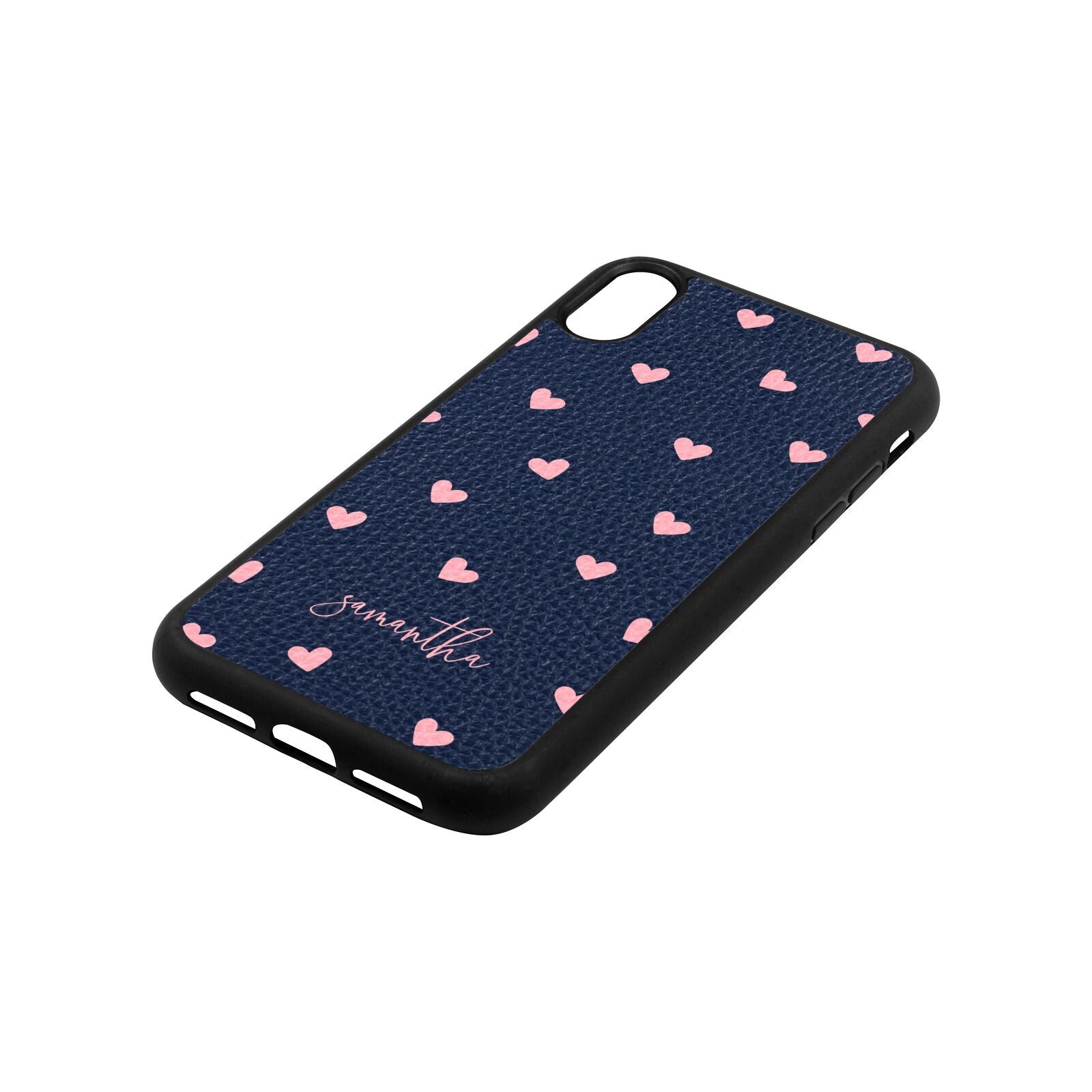 Pink Hearts with Custom Name Navy Blue Pebble Leather iPhone Xr Case Side Angle