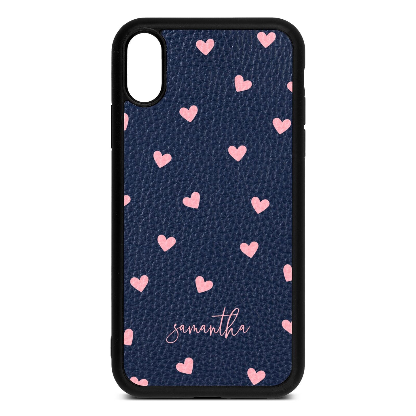 Pink Hearts with Custom Name Navy Blue Pebble Leather iPhone Xr Case
