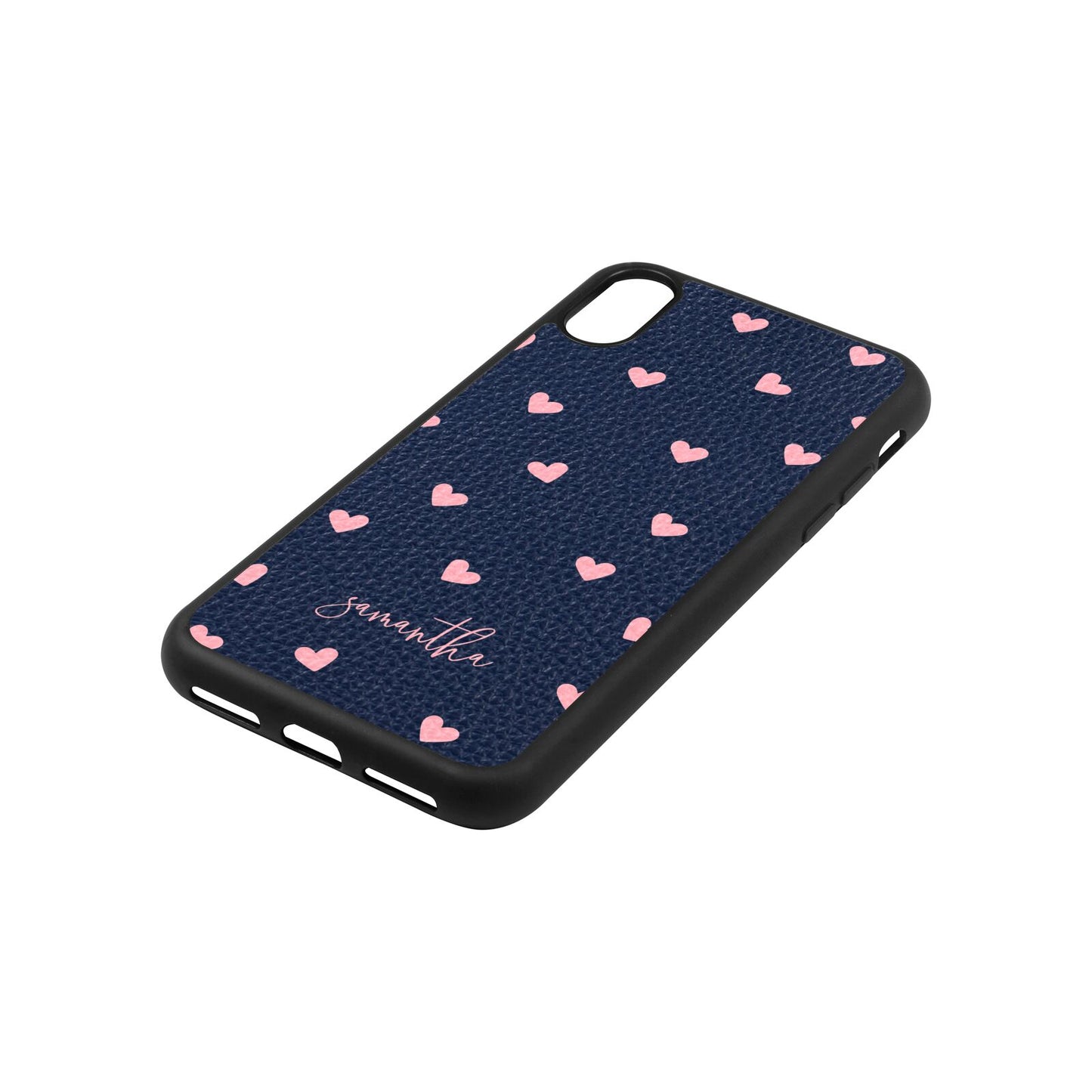 Pink Hearts with Custom Name Navy Blue Pebble Leather iPhone Xs Case Side Image
