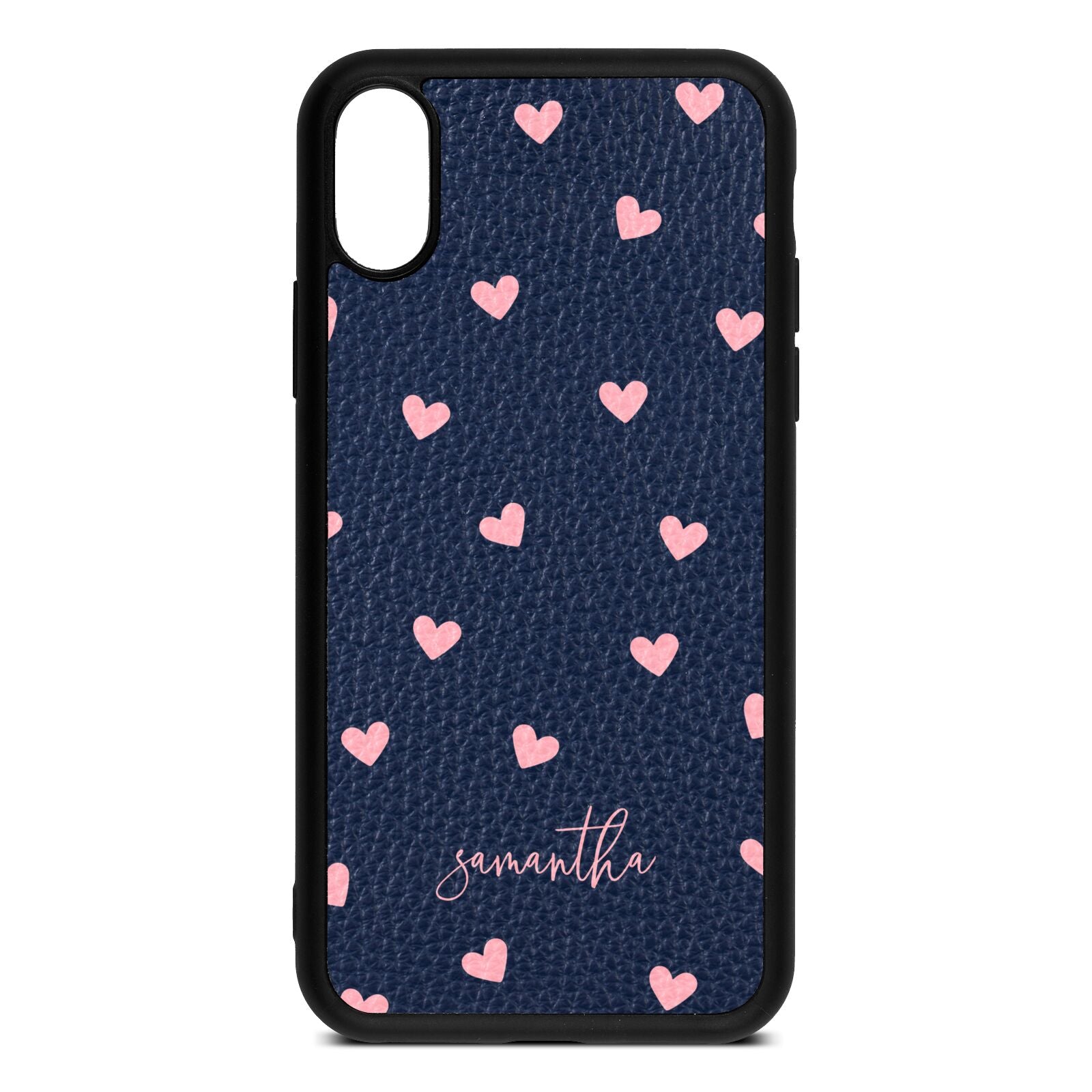 Pink Hearts with Custom Name Navy Blue Pebble Leather iPhone Xs Case
