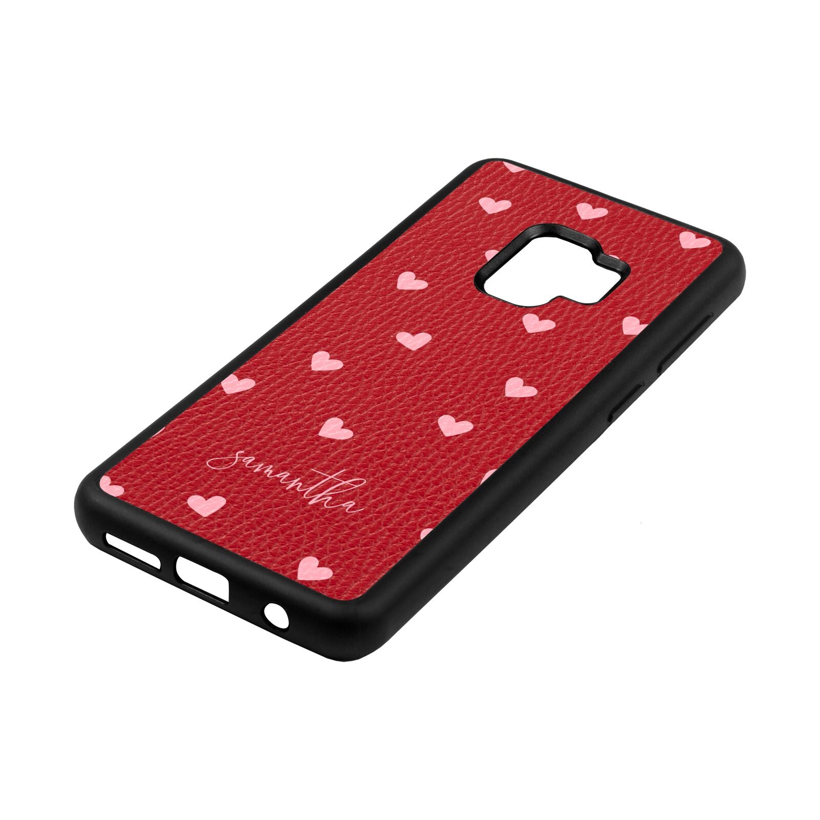 Pink Hearts with Custom Name Red Pebble Leather Samsung S9 Case Side Angle