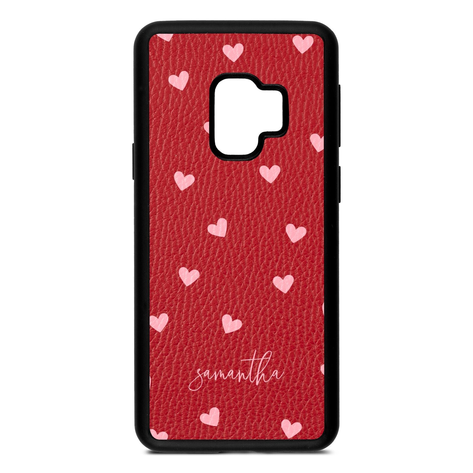 Pink Hearts with Custom Name Red Pebble Leather Samsung S9 Case