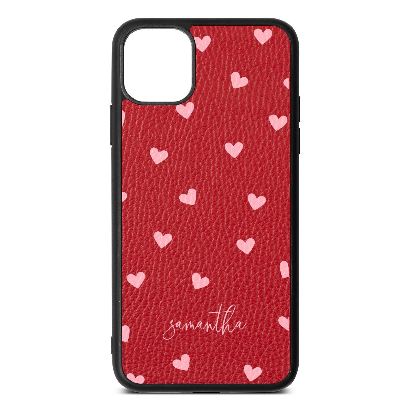 Pink Hearts with Custom Name Red Pebble Leather iPhone 11 Pro Max Case