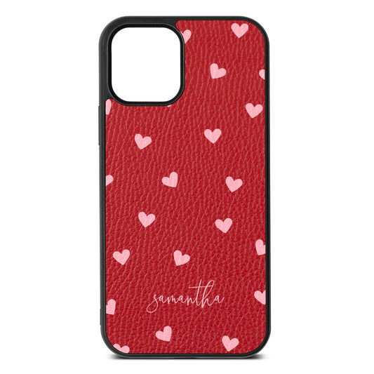 Pink Hearts with Custom Name Red Pebble Leather iPhone 12 Case