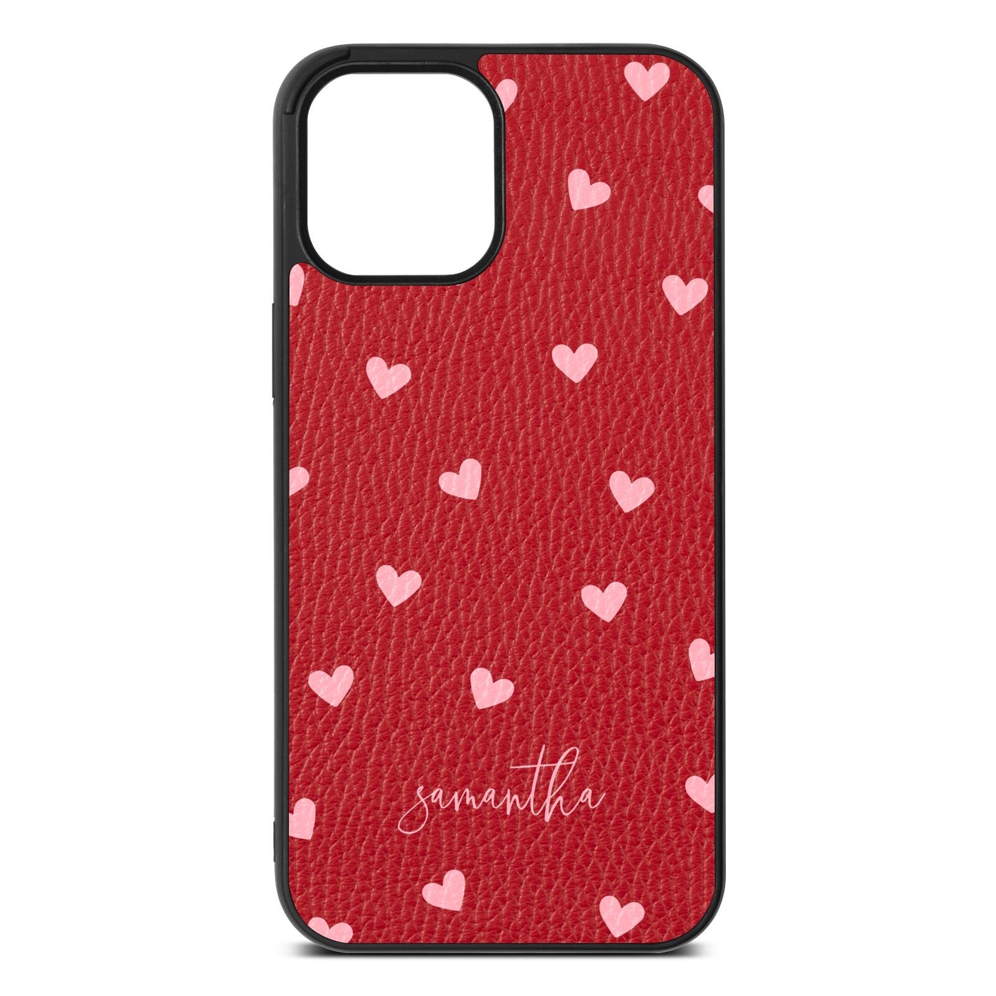 Pink Hearts with Custom Name Red Pebble Leather iPhone 12 Pro Max Case