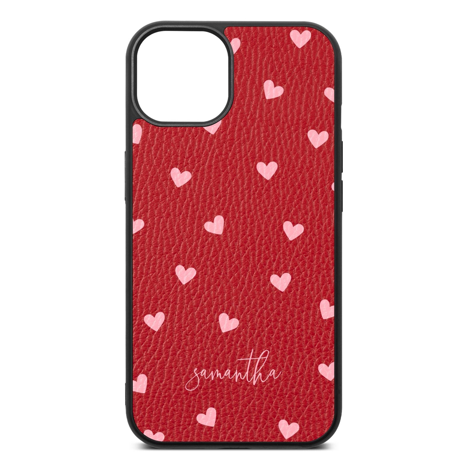 Pink Hearts with Custom Name Red Pebble Leather iPhone 13 Case