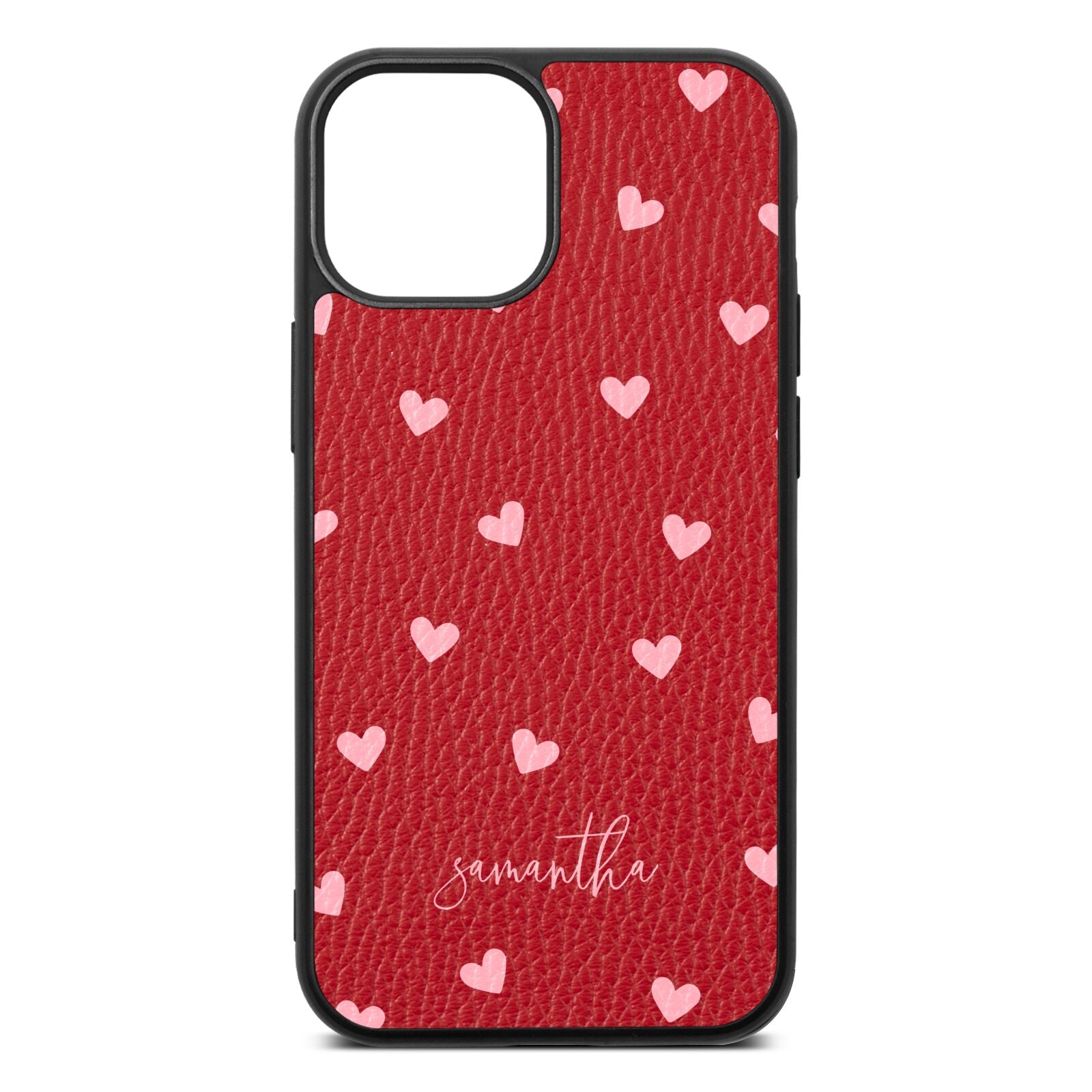 Pink Hearts with Custom Name Red Pebble Leather iPhone 13 Mini Case