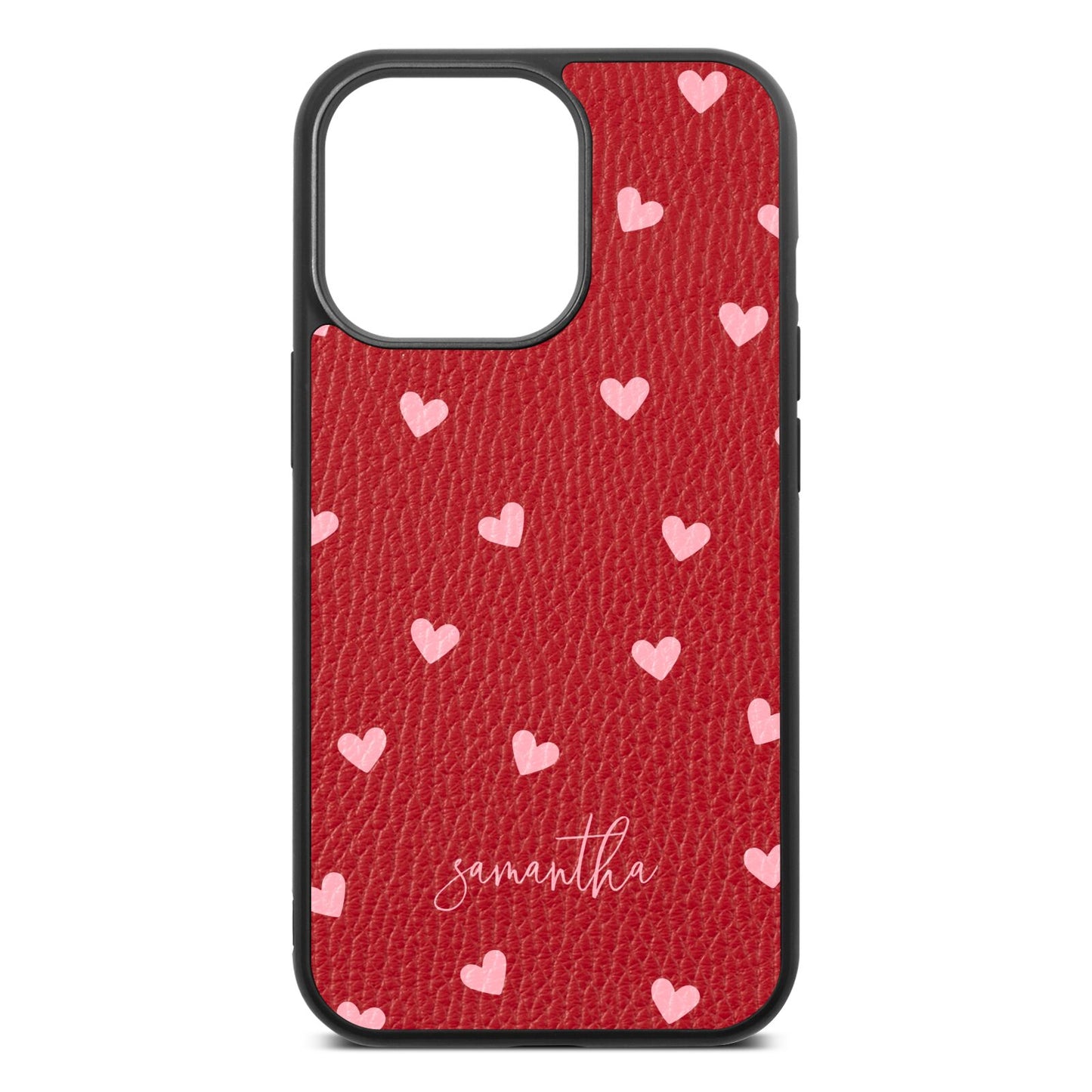 Pink Hearts with Custom Name Red Pebble Leather iPhone 13 Pro Case