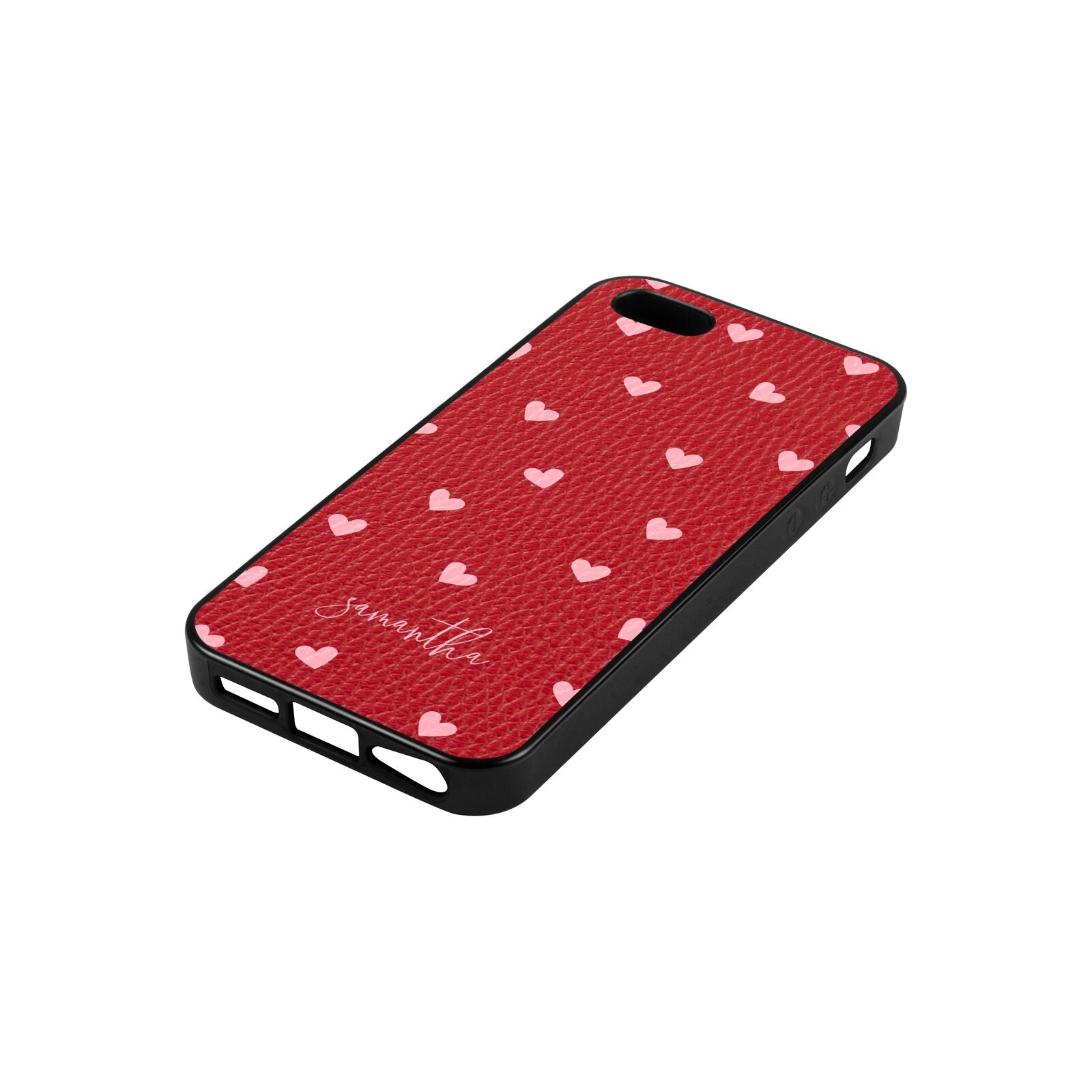Pink Hearts with Custom Name Red Pebble Leather iPhone 5 Case Side Angle