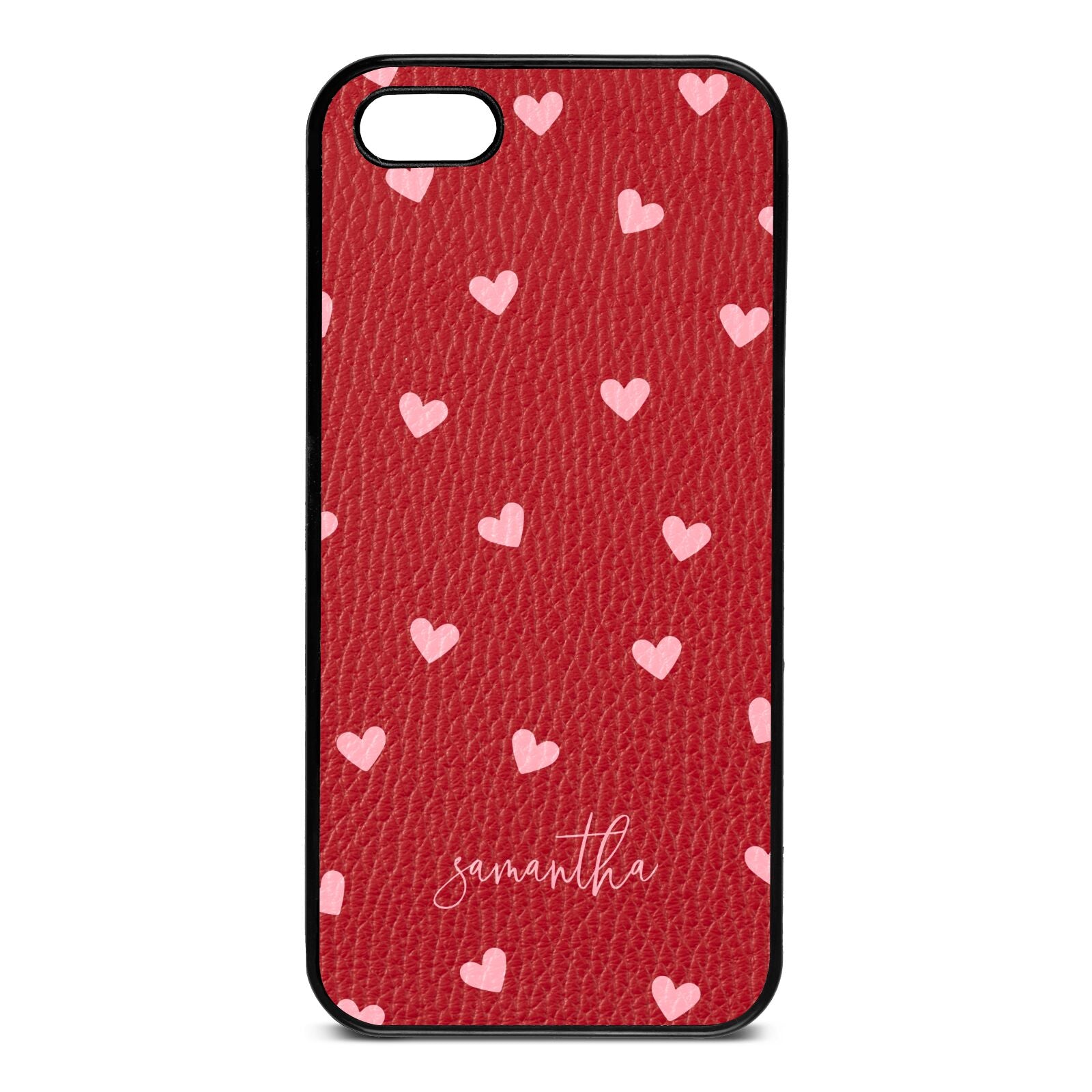 Pink Hearts with Custom Name Red Pebble Leather iPhone 5 Case