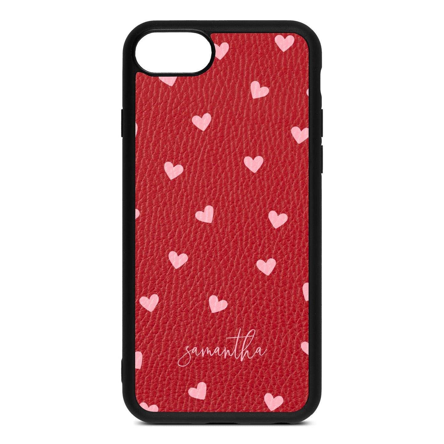 Pink Hearts with Custom Name Red Pebble Leather iPhone 8 Case
