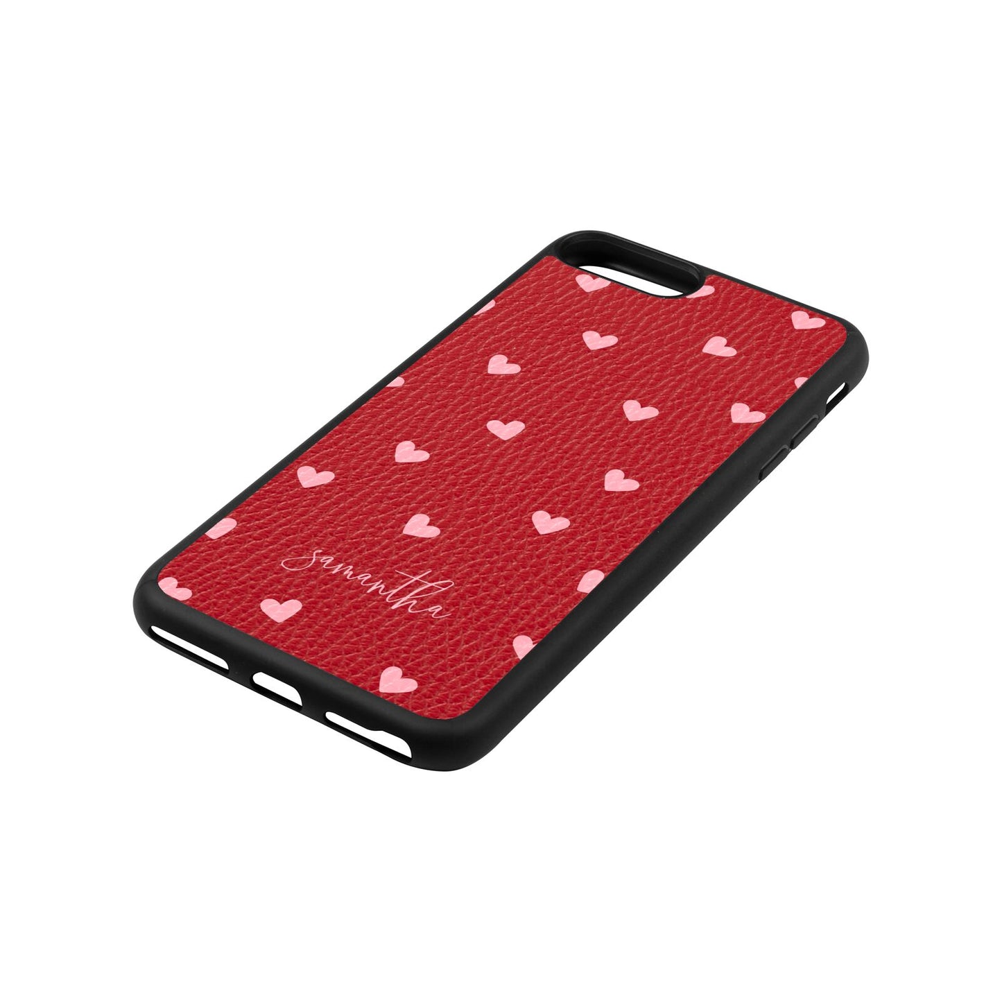 Pink Hearts with Custom Name Red Pebble Leather iPhone 8 Plus Case Side Angle