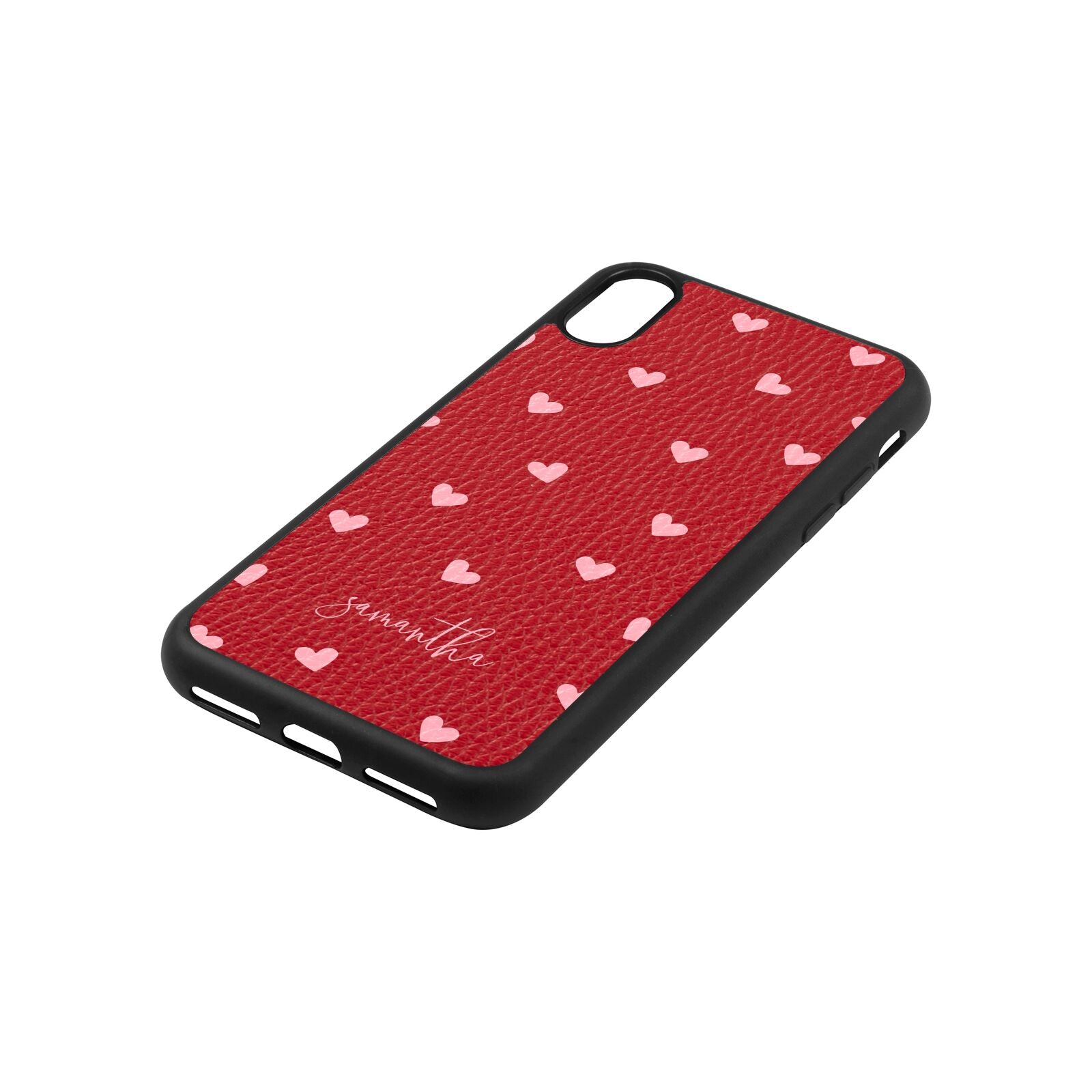 Pink Hearts with Custom Name Red Pebble Leather iPhone Xs Case Side Angle