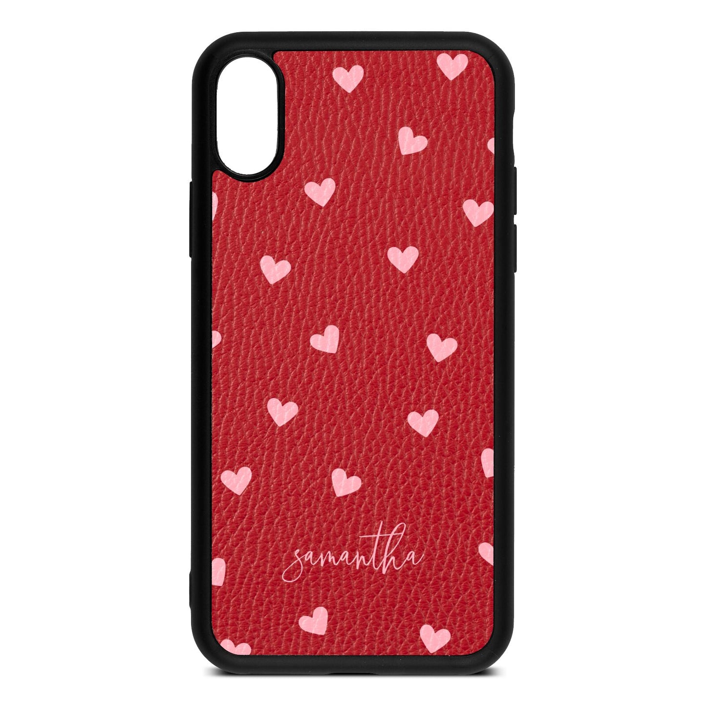 Pink Hearts with Custom Name Red Pebble Leather iPhone Xs Case