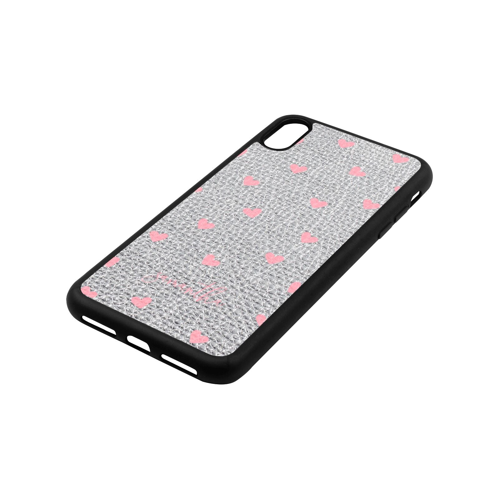 Pink Hearts with Custom Name Silver Gold Pebble Leather iPhone Xs Max Case Side Angle