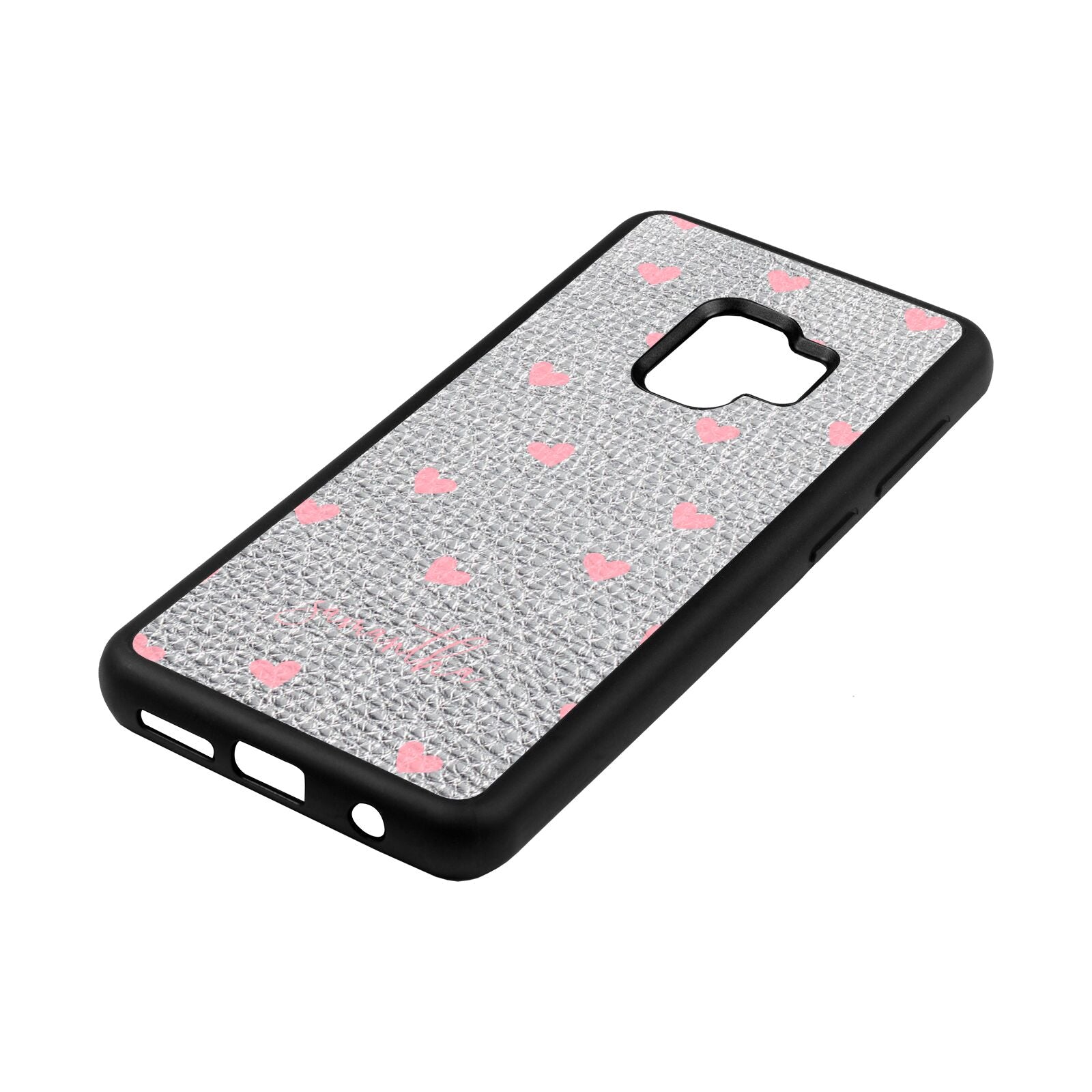 Pink Hearts with Custom Name Silver Pebble Leather Samsung S9 Case Side Angle