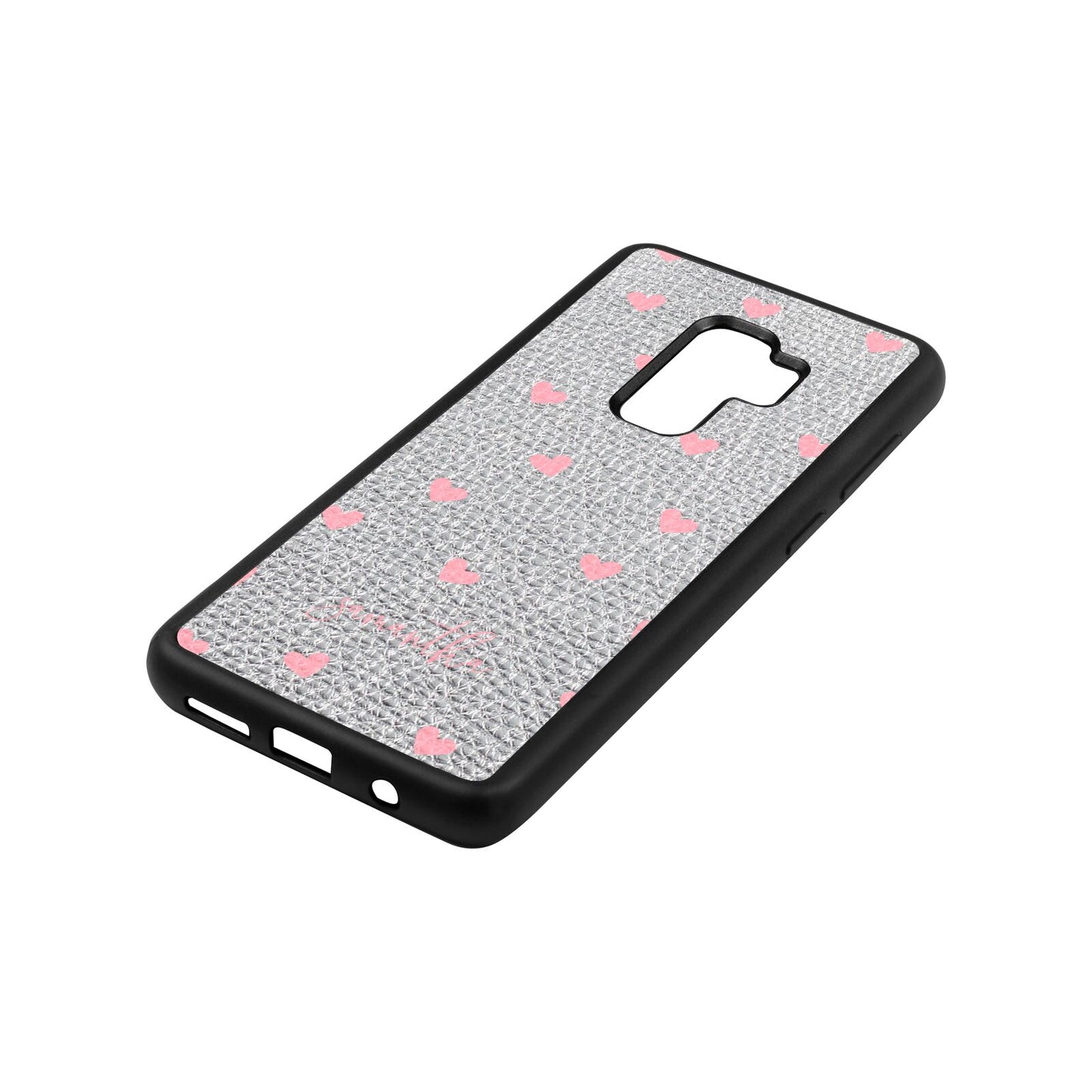 Pink Hearts with Custom Name Silver Pebble Leather Samsung S9 Plus Case Side Angle