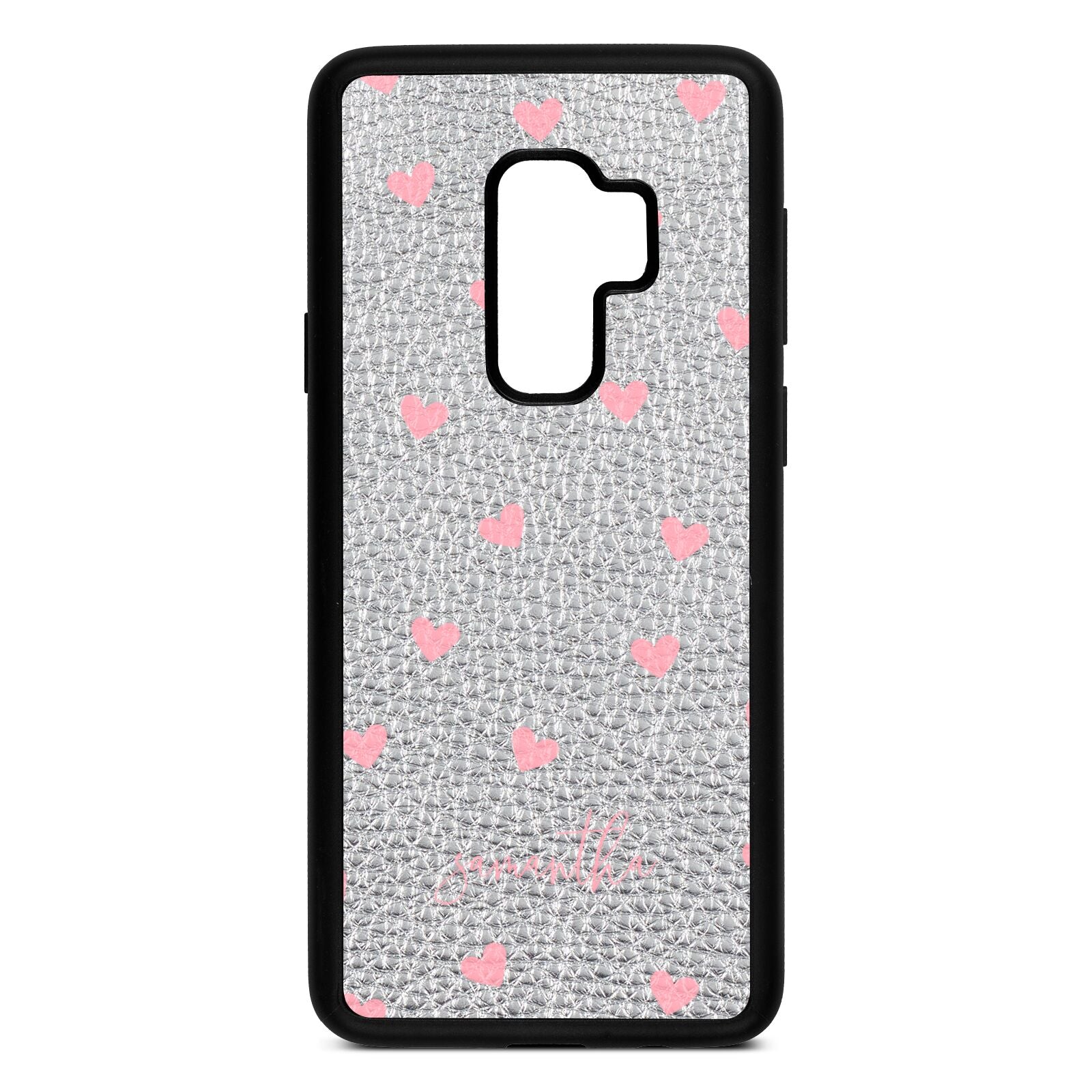 Pink Hearts with Custom Name Silver Pebble Leather Samsung S9 Plus Case