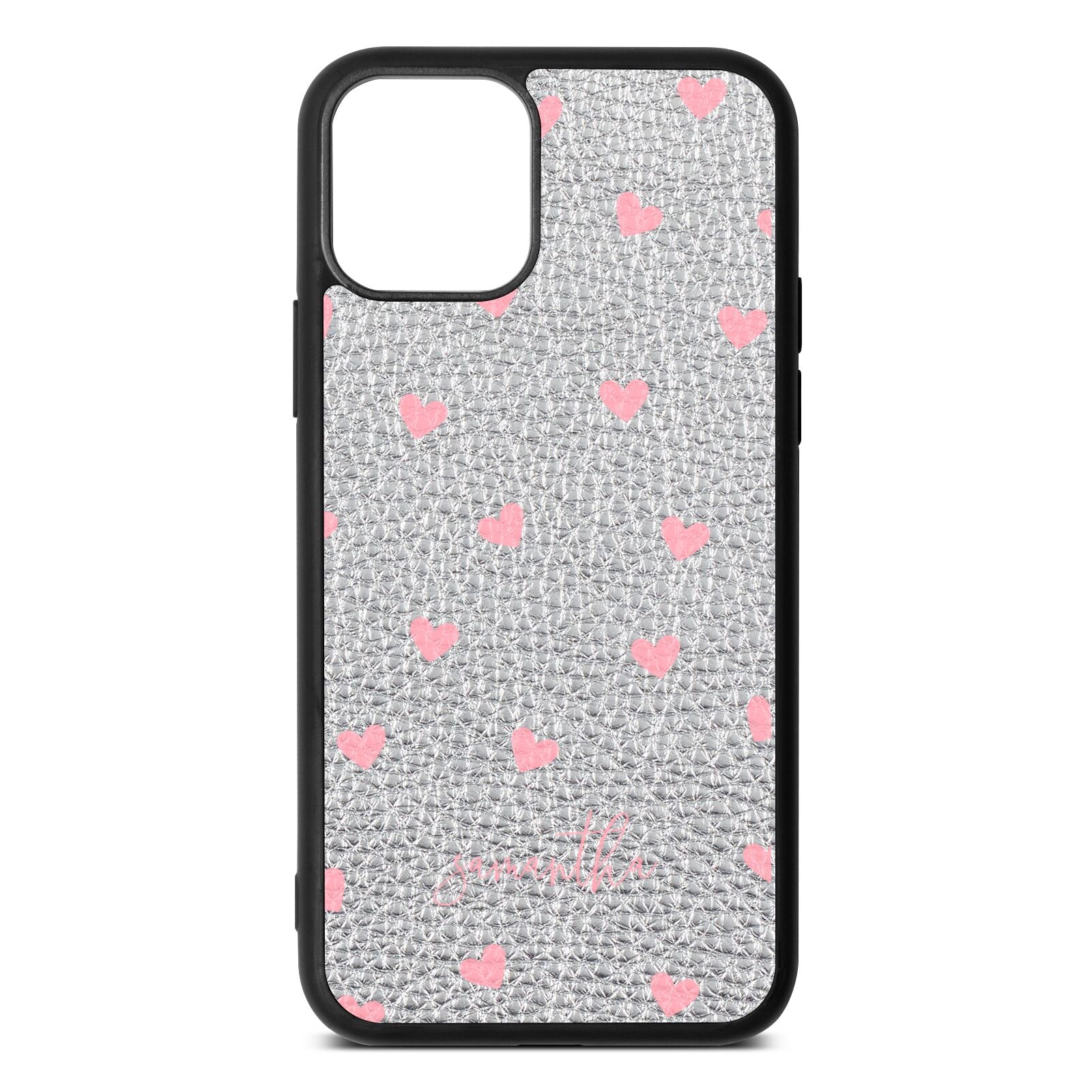 Pink Hearts with Custom Name Silver Pebble Leather iPhone 11 Case
