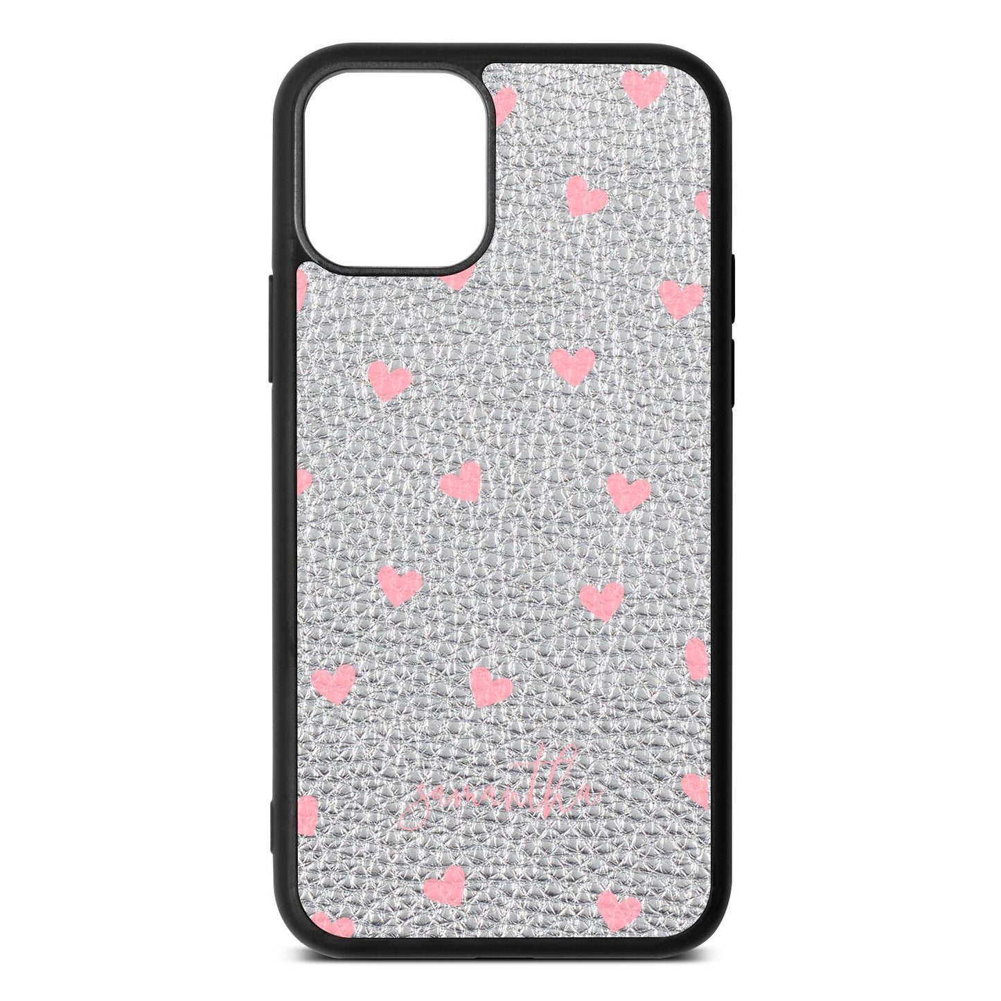 Pink Hearts with Custom Name Silver Pebble Leather iPhone 11 Pro Case
