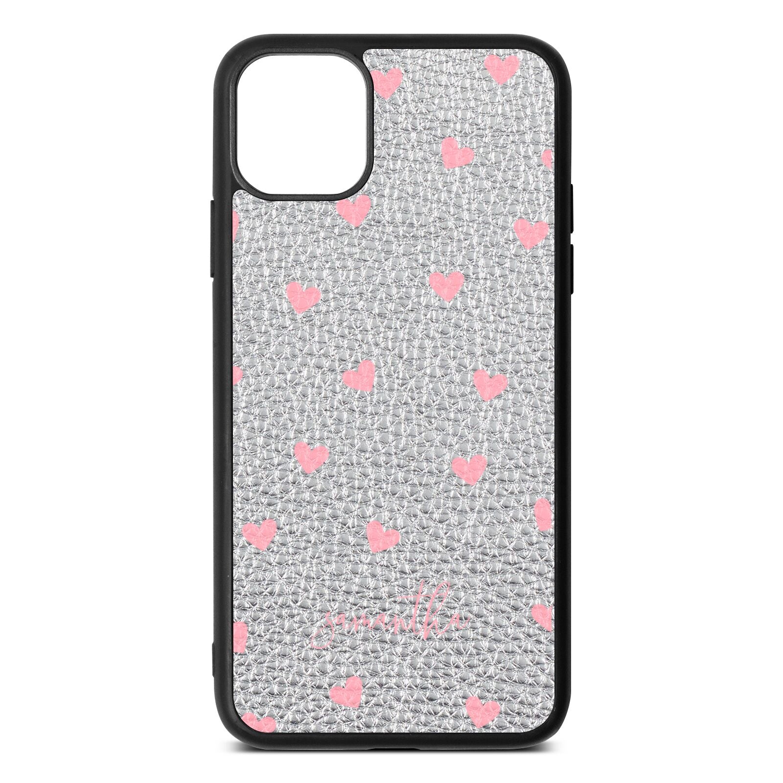 Pink Hearts with Custom Name Silver Pebble Leather iPhone 11 Pro Max Case