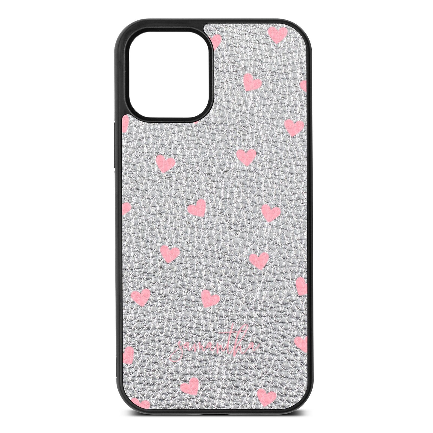 Pink Hearts with Custom Name Silver Pebble Leather iPhone 12 Case