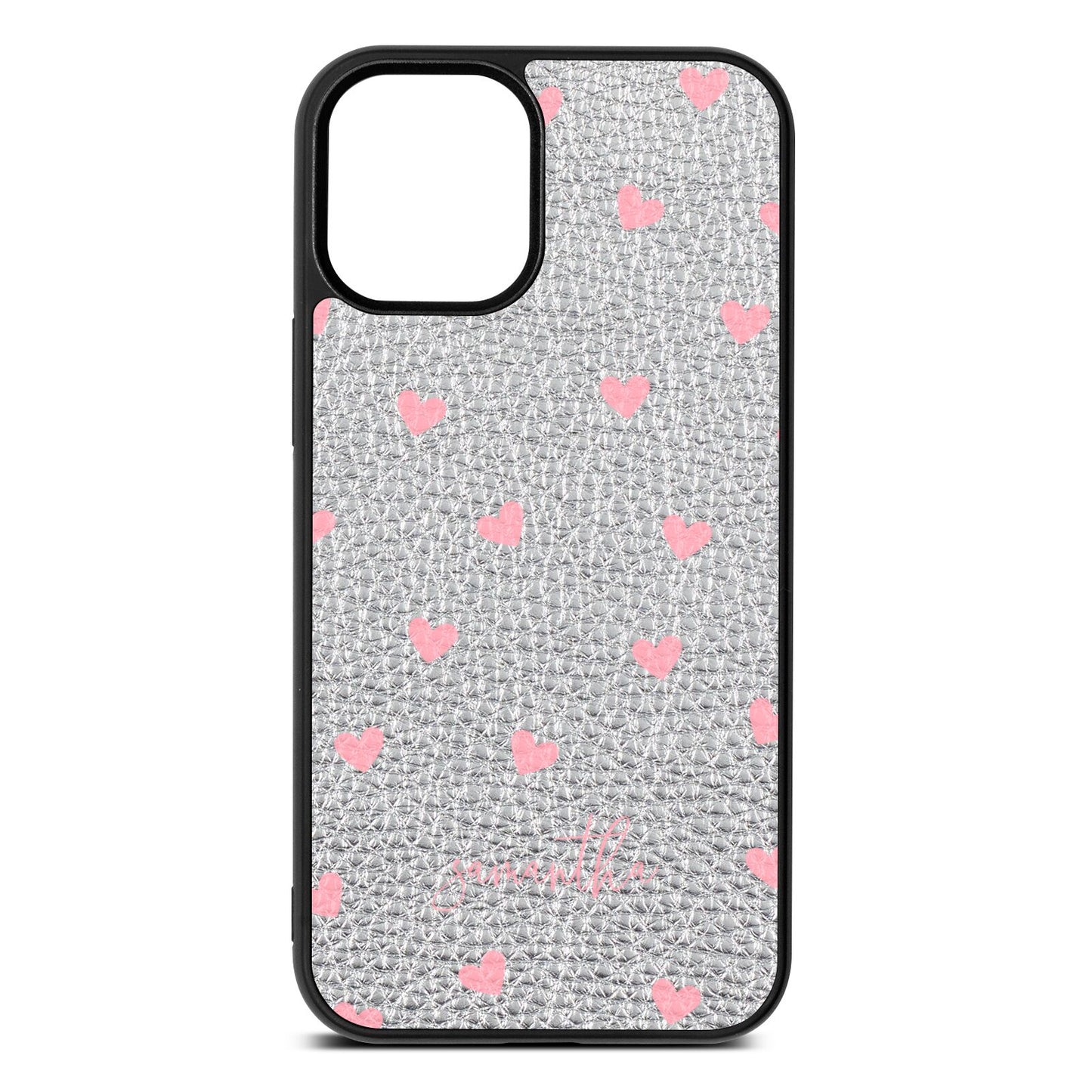 Pink Hearts with Custom Name Silver Pebble Leather iPhone 12 Mini Case