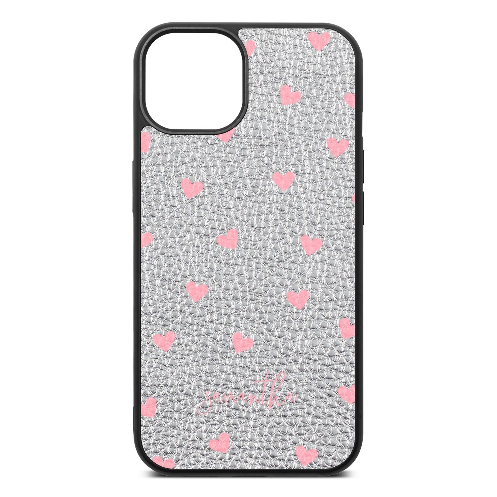 Pink Hearts with Custom Name Silver Pebble Leather iPhone 13 Case
