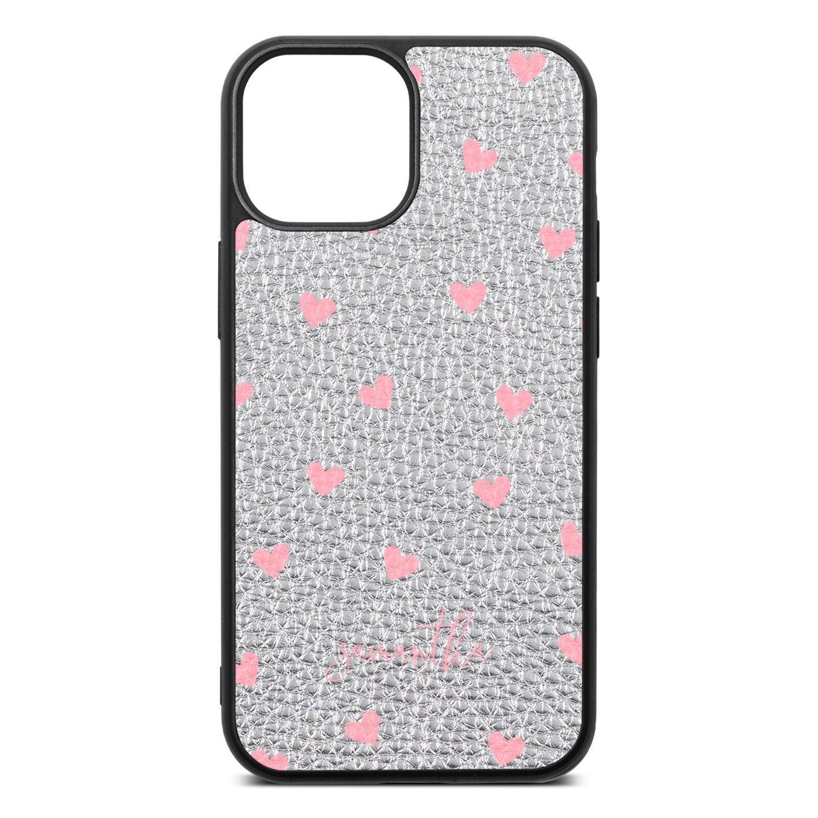 Pink Hearts with Custom Name Silver Pebble Leather iPhone 13 Mini Case
