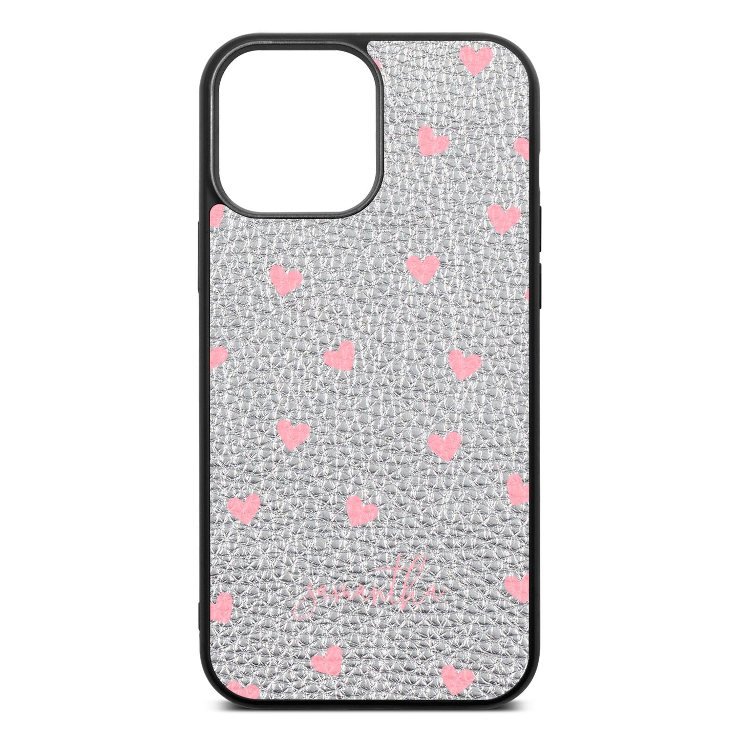 Pink Hearts with Custom Name Silver Pebble Leather iPhone 13 Pro Max Case