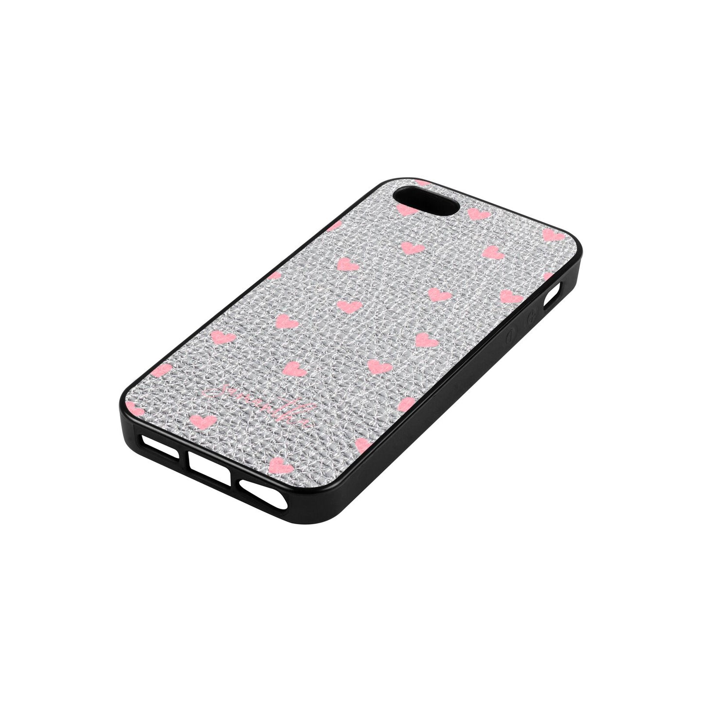 Pink Hearts with Custom Name Silver Pebble Leather iPhone 5 Case Side Angle