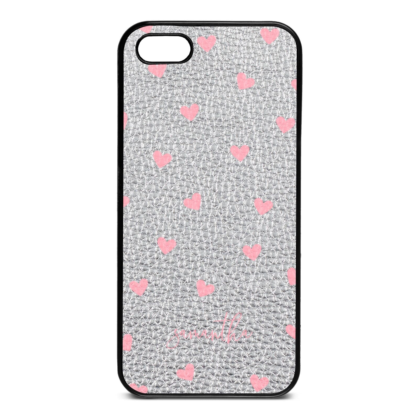 Pink Hearts with Custom Name Silver Pebble Leather iPhone 5 Case