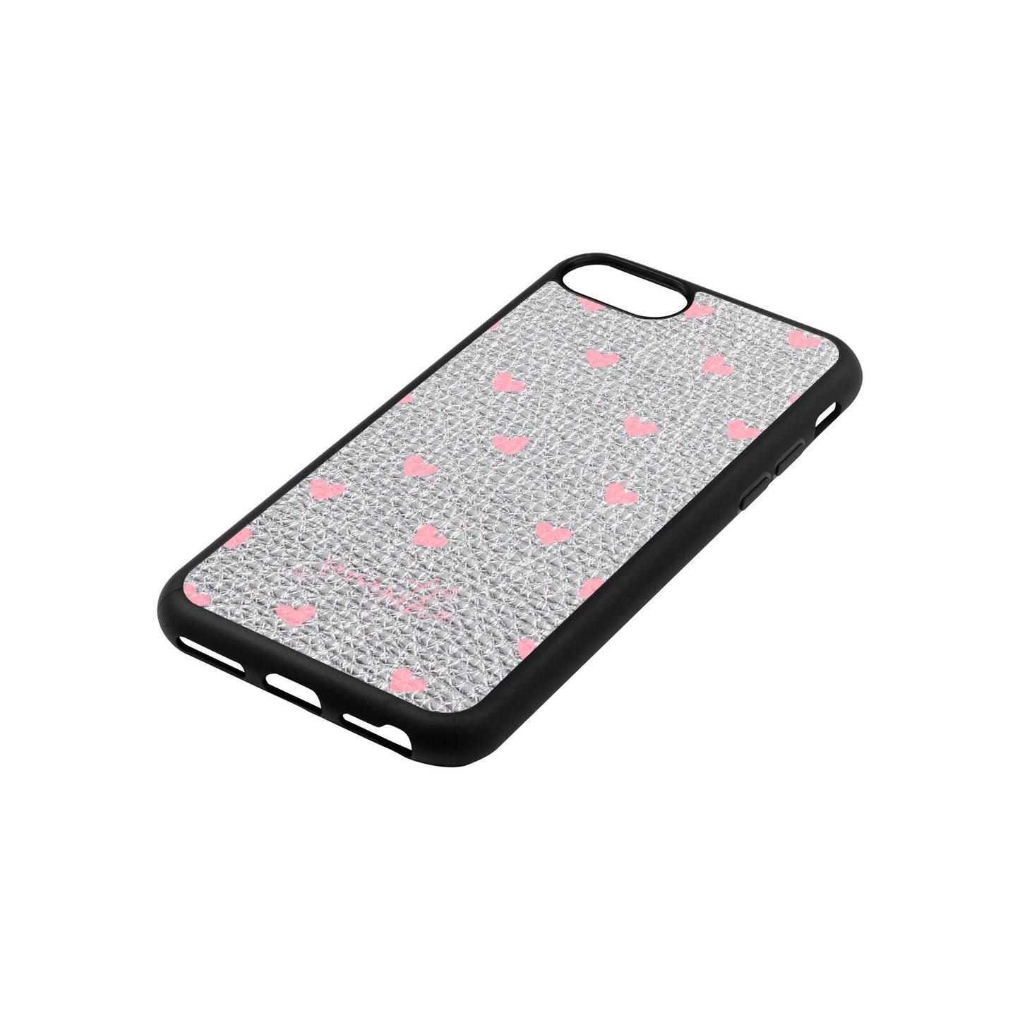 Pink Hearts with Custom Name Silver Pebble Leather iPhone 8 Case Side Angle