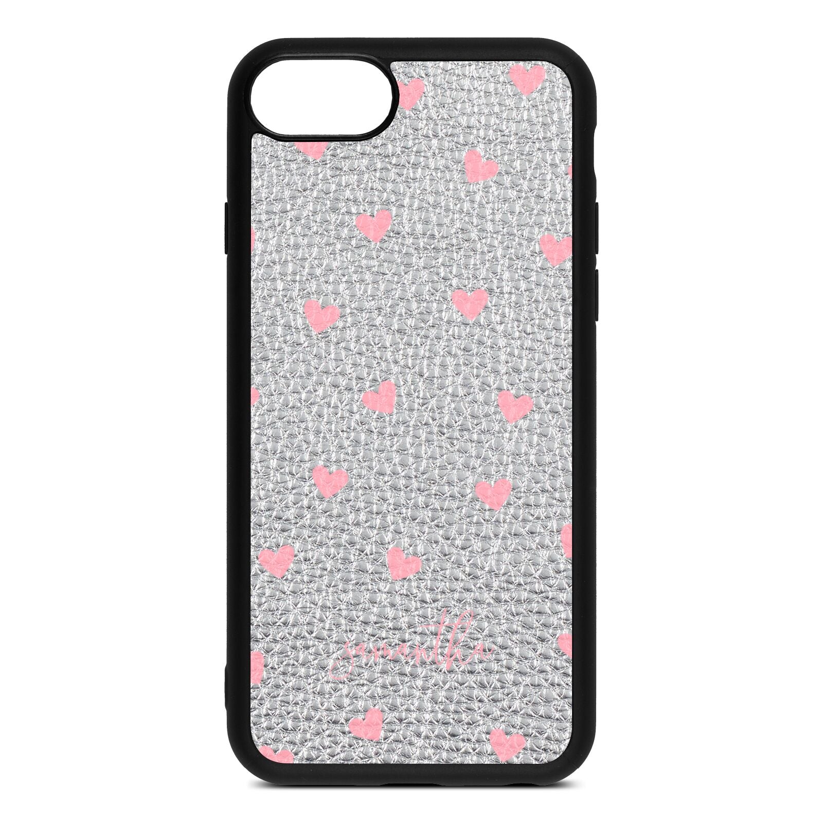 Pink Hearts with Custom Name Silver Pebble Leather iPhone 8 Case