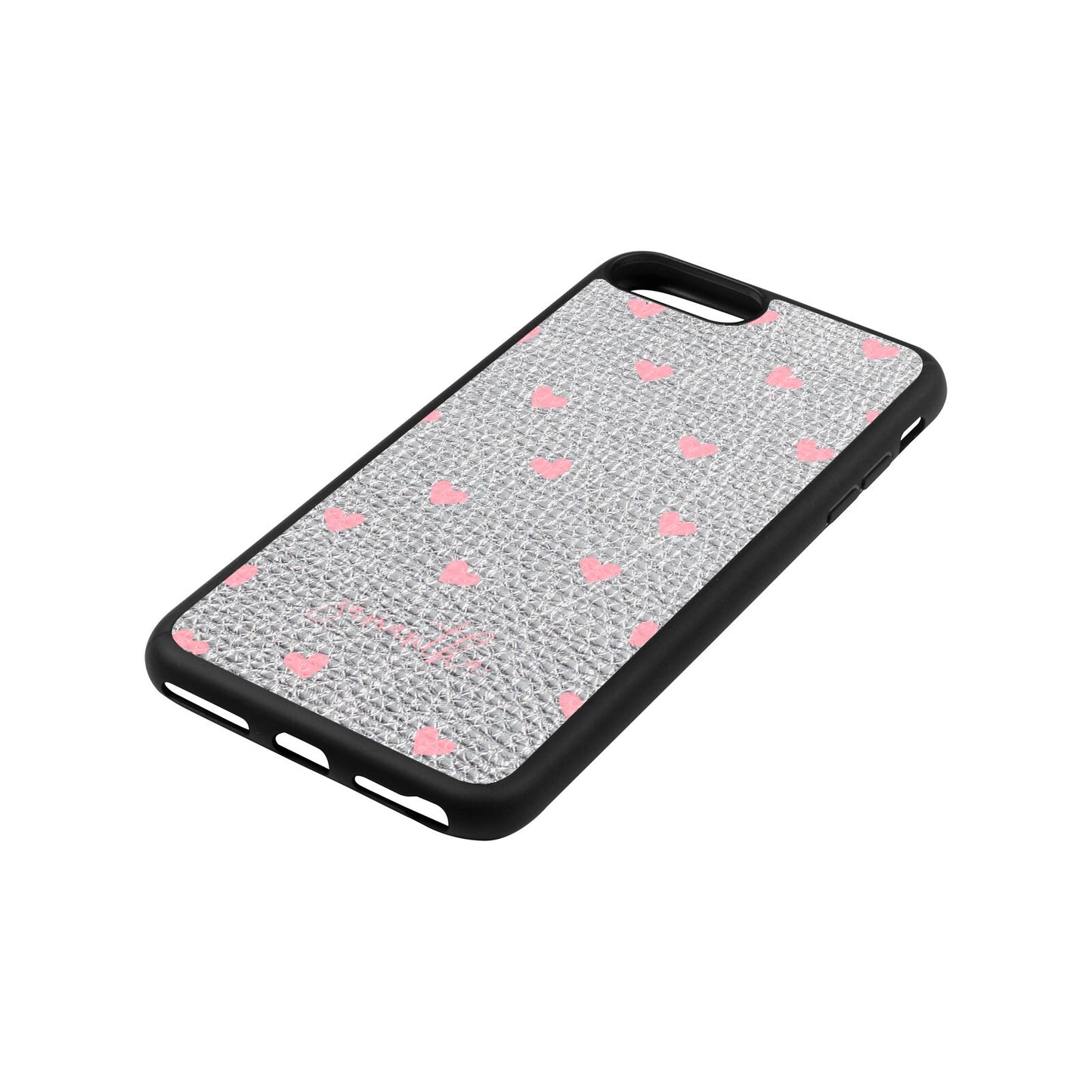 Pink Hearts with Custom Name Silver Pebble Leather iPhone 8 Plus Case Side Angle