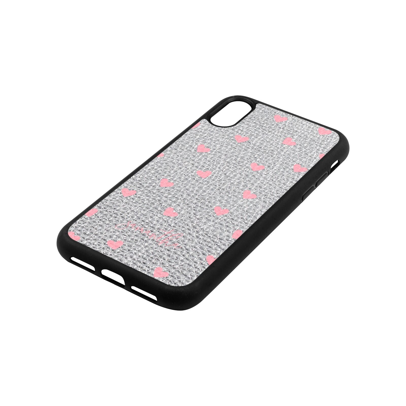 Pink Hearts with Custom Name Silver Pebble Leather iPhone Xr Case Side Angle