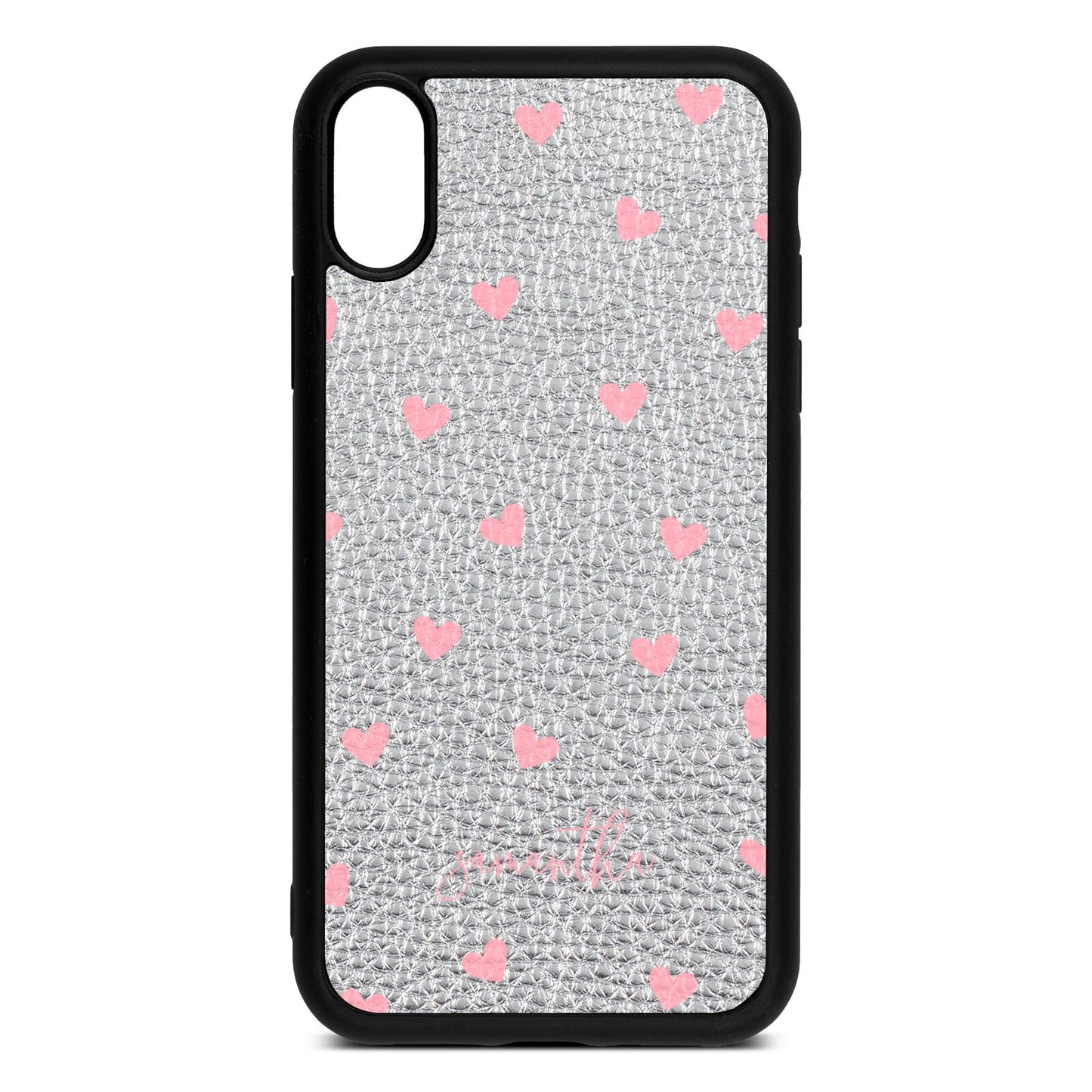 Pink Hearts with Custom Name Silver Pebble Leather iPhone Xr Case