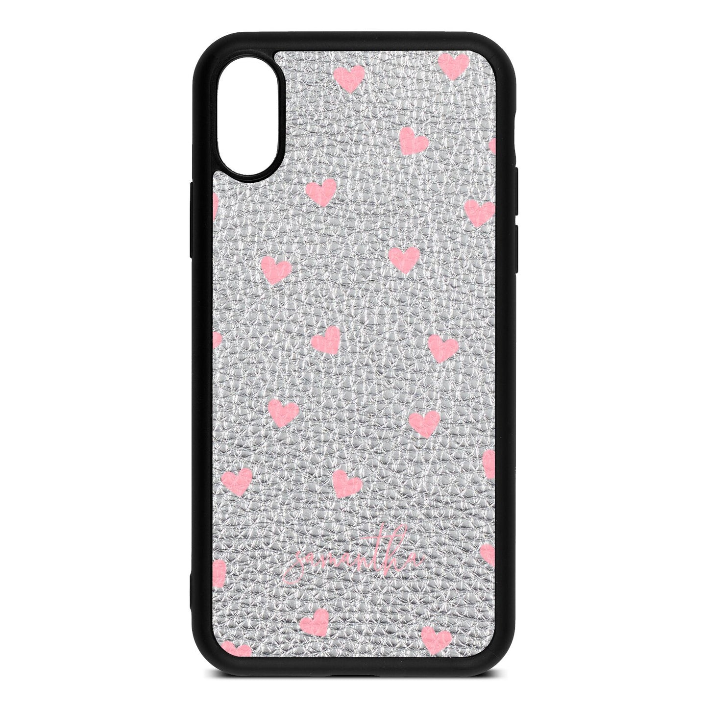 Pink Hearts with Custom Name Silver Pebble Leather iPhone Xs Case